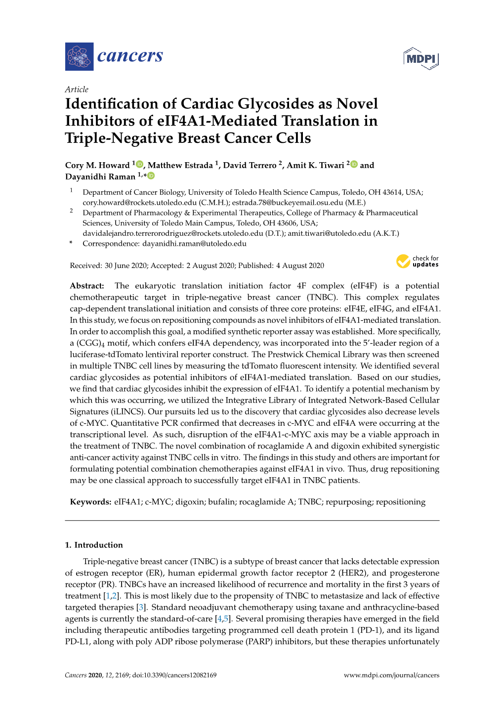 Identification of Cardiac Glycosides As Novel Inhibitors of Eif4a1