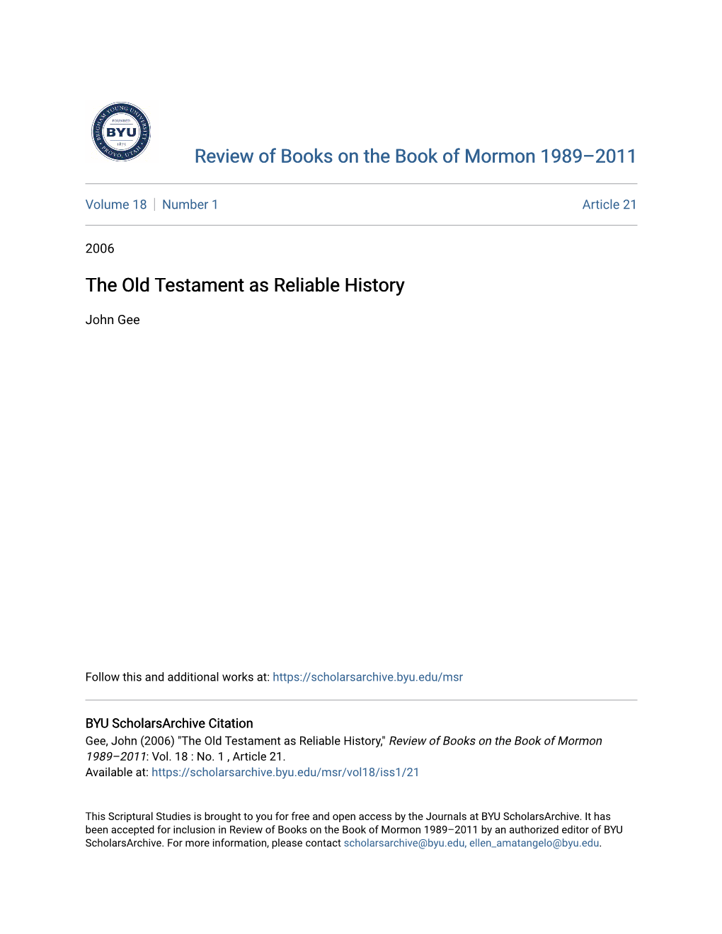 The Old Testament As Reliable History
