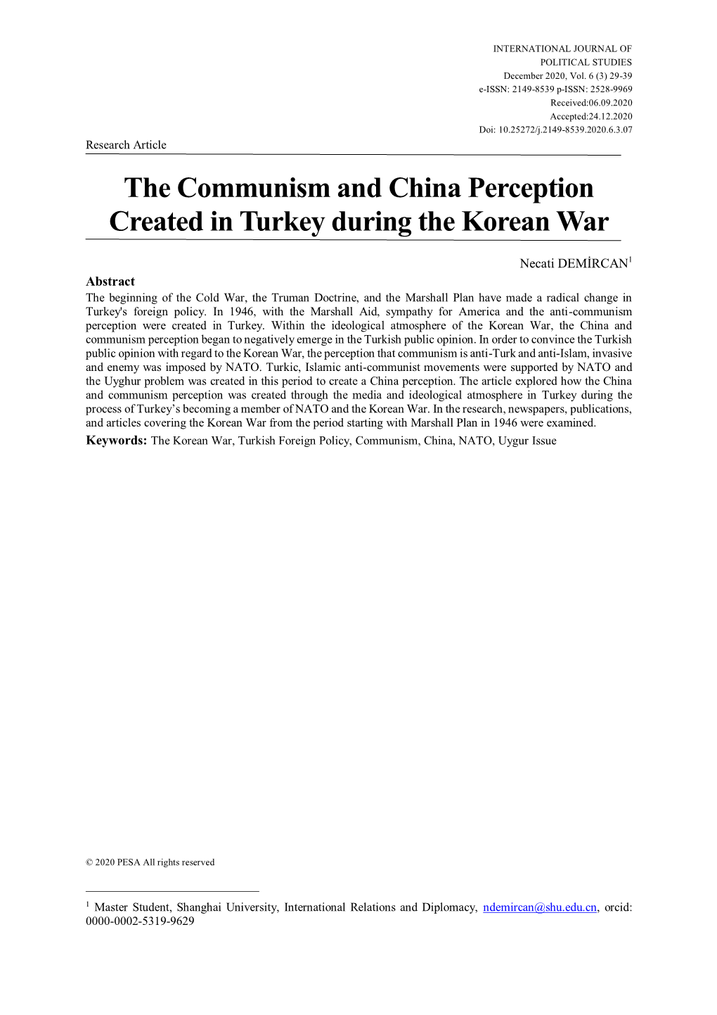 The Communism and China Perception Created in Turkey During the Korean War