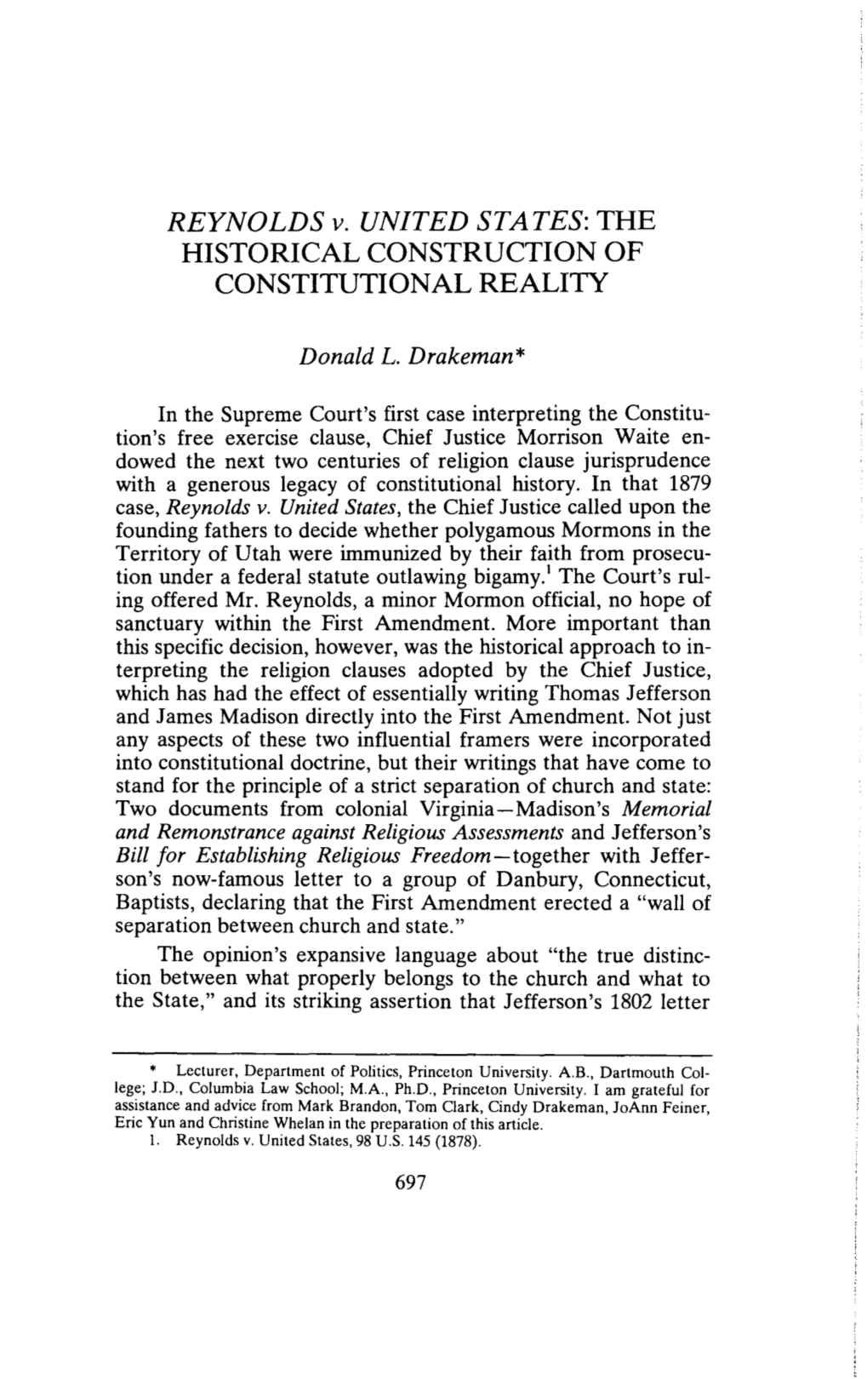 REYNOLDS V. UNITED STATES: the HISTORICAL CONSTRUCTION of CONSTITUTIONAL REALITY