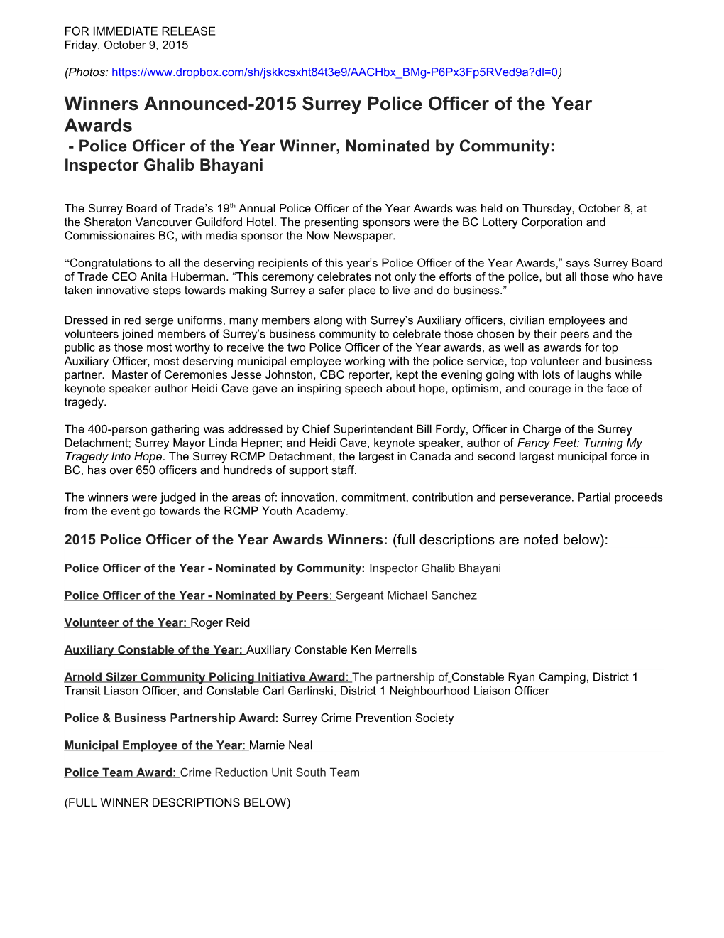 Winners Announced-2015 Surrey Police Officer of the Year Awards