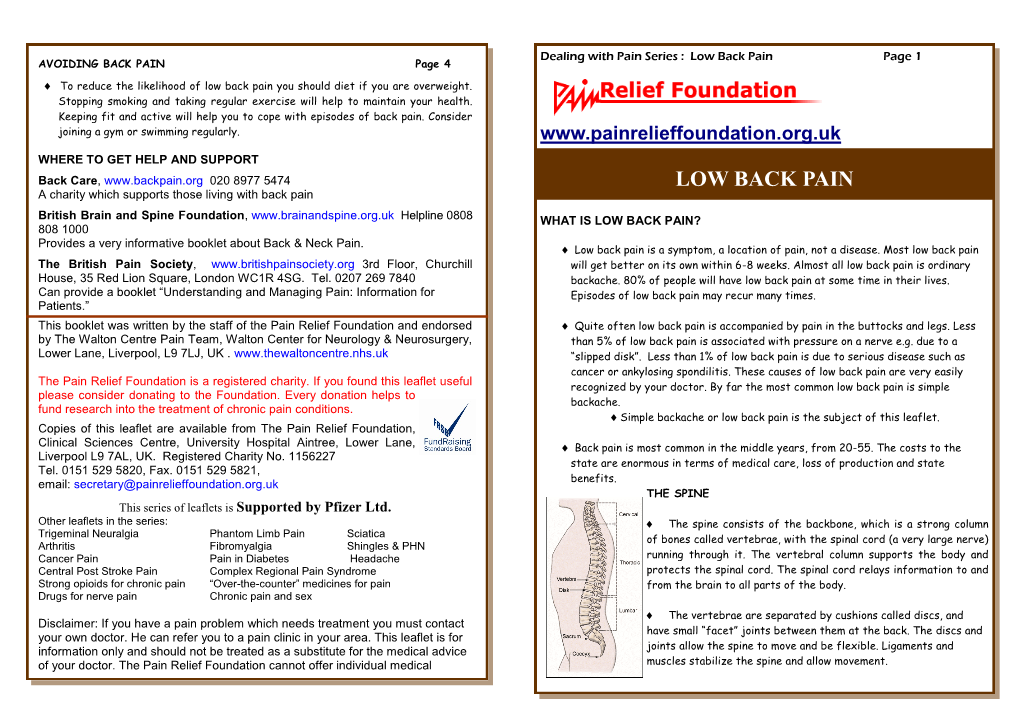 Low Back Pain Page 1 AVOIDING BACK PAIN Page 4