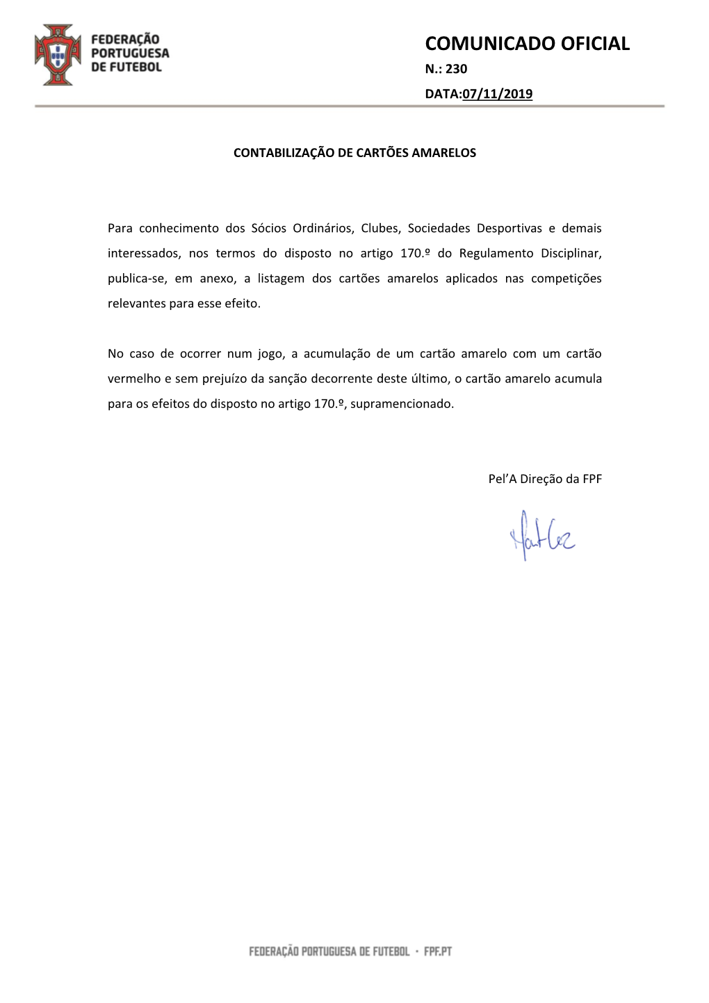 Comunicado Oficial N.: 230 Data:07/11/2019