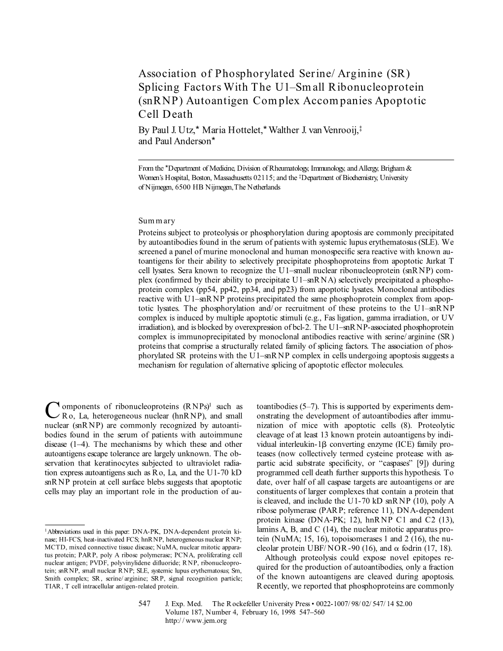 Association of Phosphorylated Serine/Arginine (SR) Splicing Factors with the U1–Small Ribonucleoprotein (Snrnp) Autoantigen Co