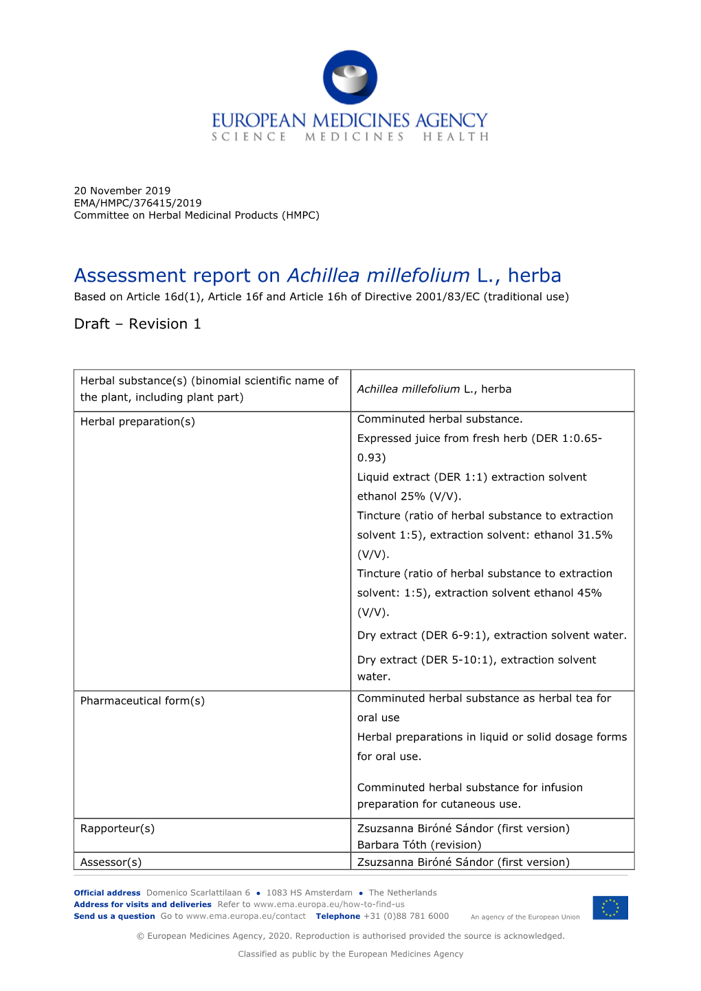 List Item Draft Assessment Report on Achillea Millefolium L., Herba