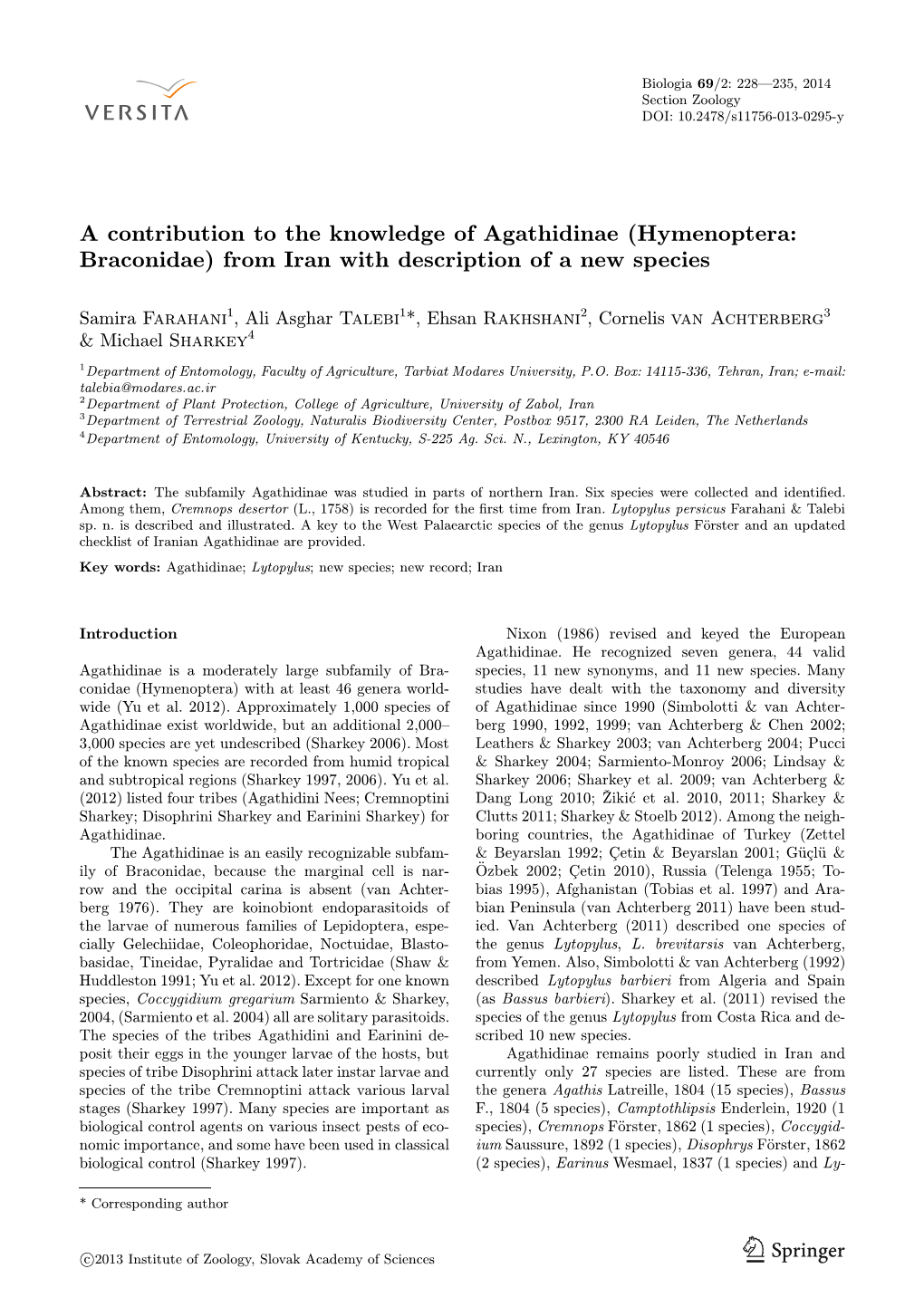 A Contribution to the Knowledge of Agathidinae (Hymenoptera: Braconidae) from Iran with Description of a New Species