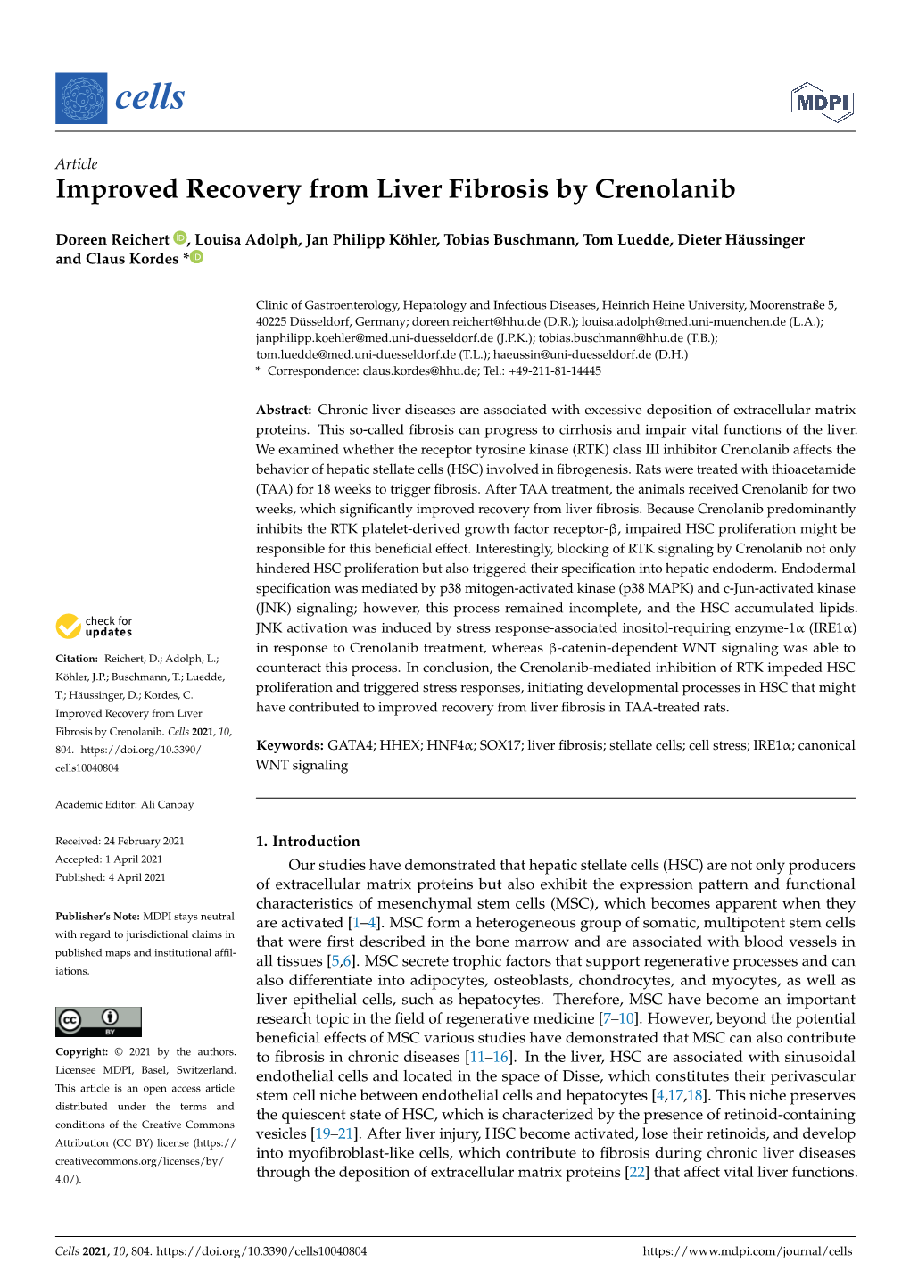 Improved Recovery from Liver Fibrosis by Crenolanib