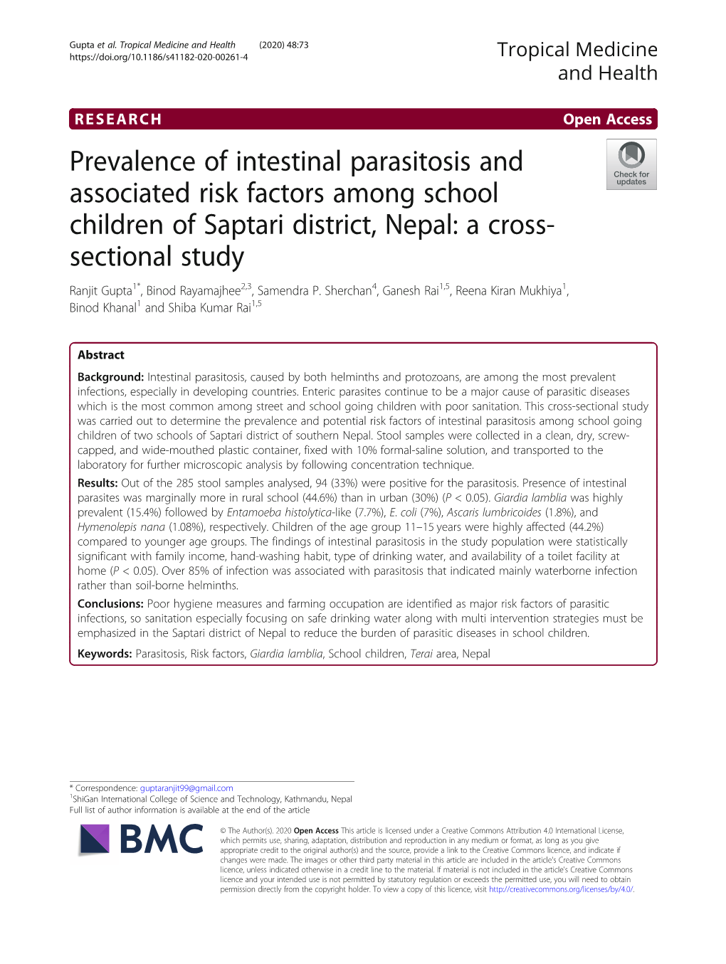 Prevalence of Intestinal Parasitosis and Associated Risk Factors Among