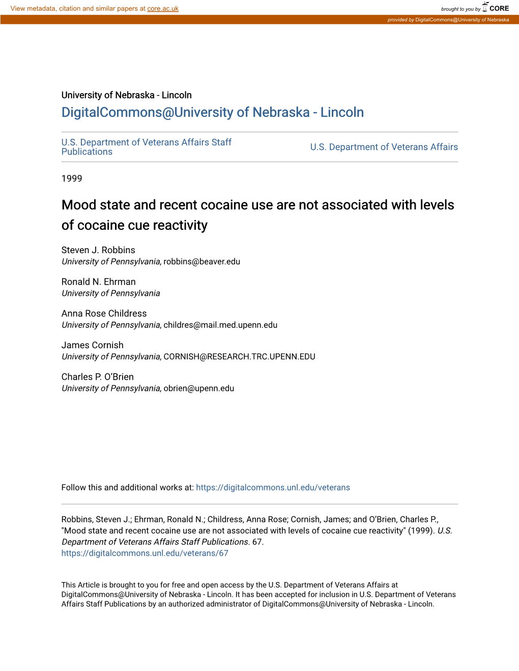 Mood State and Recent Cocaine Use Are Not Associated with Levels of Cocaine Cue Reactivity