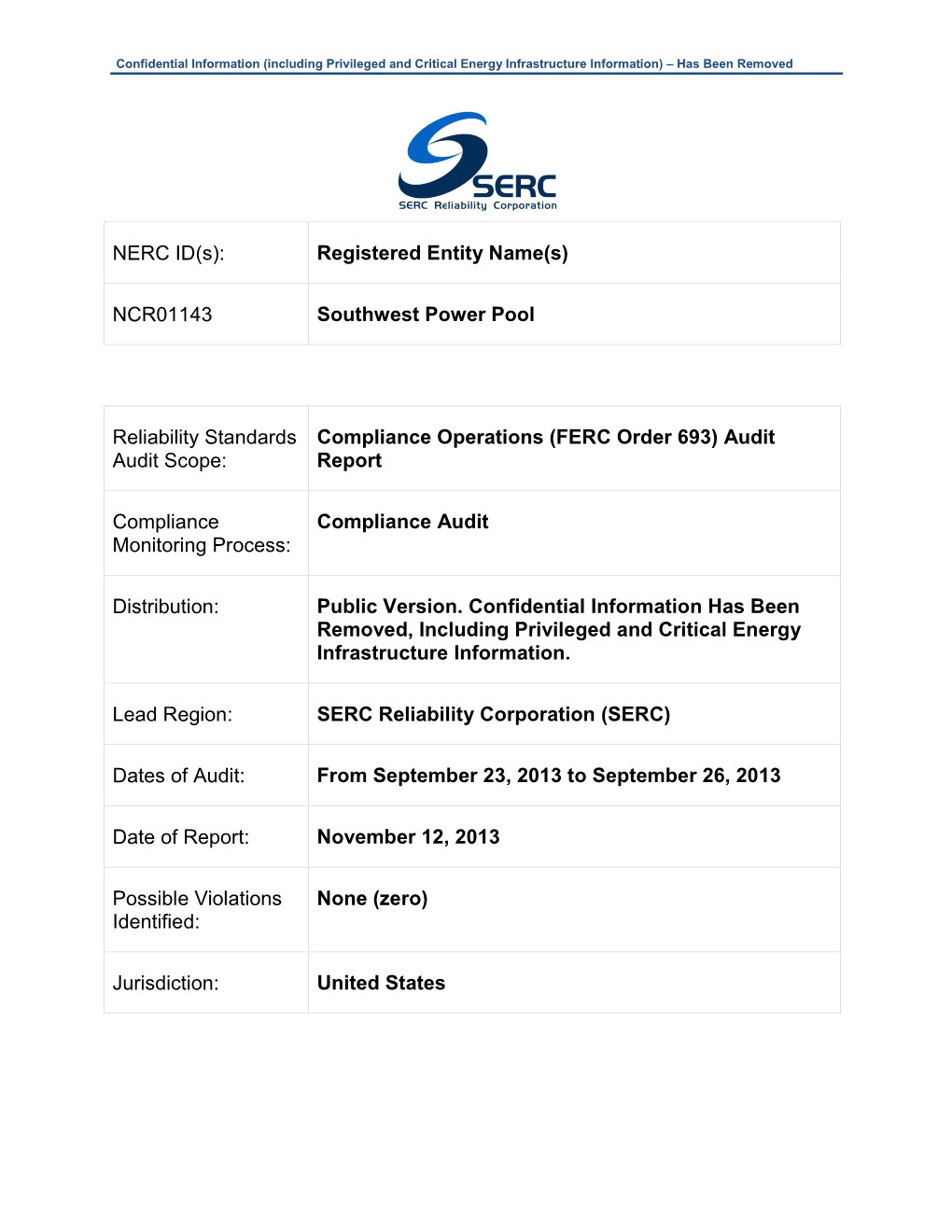 NCR01143 Southwest Power Pool Reliability Standards Audit Scope