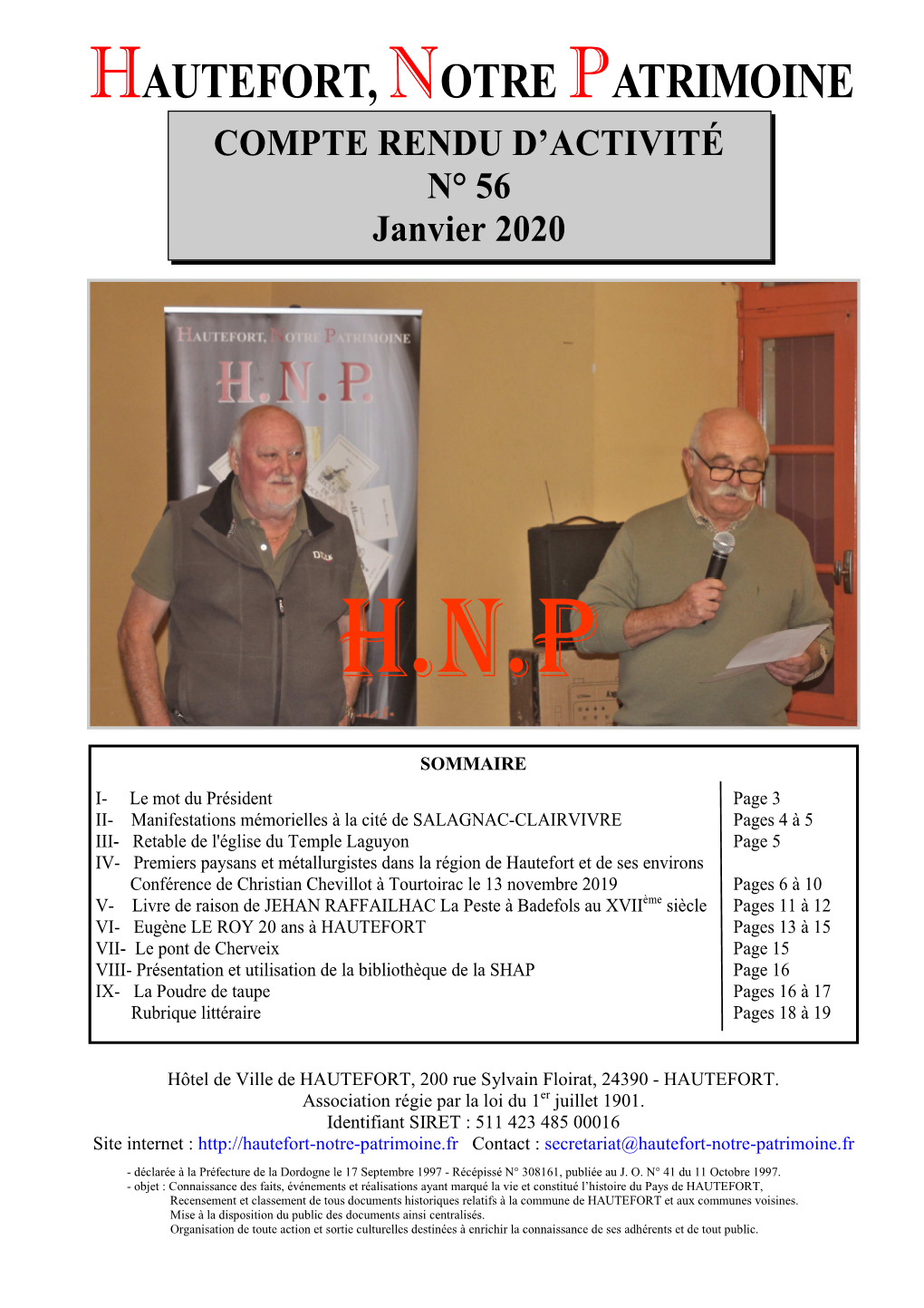HAUTEFORT, NP OTRE ATRIMOINE COMPTE RENDU D’ACTIVITÉ N° 56 Janvier 2020