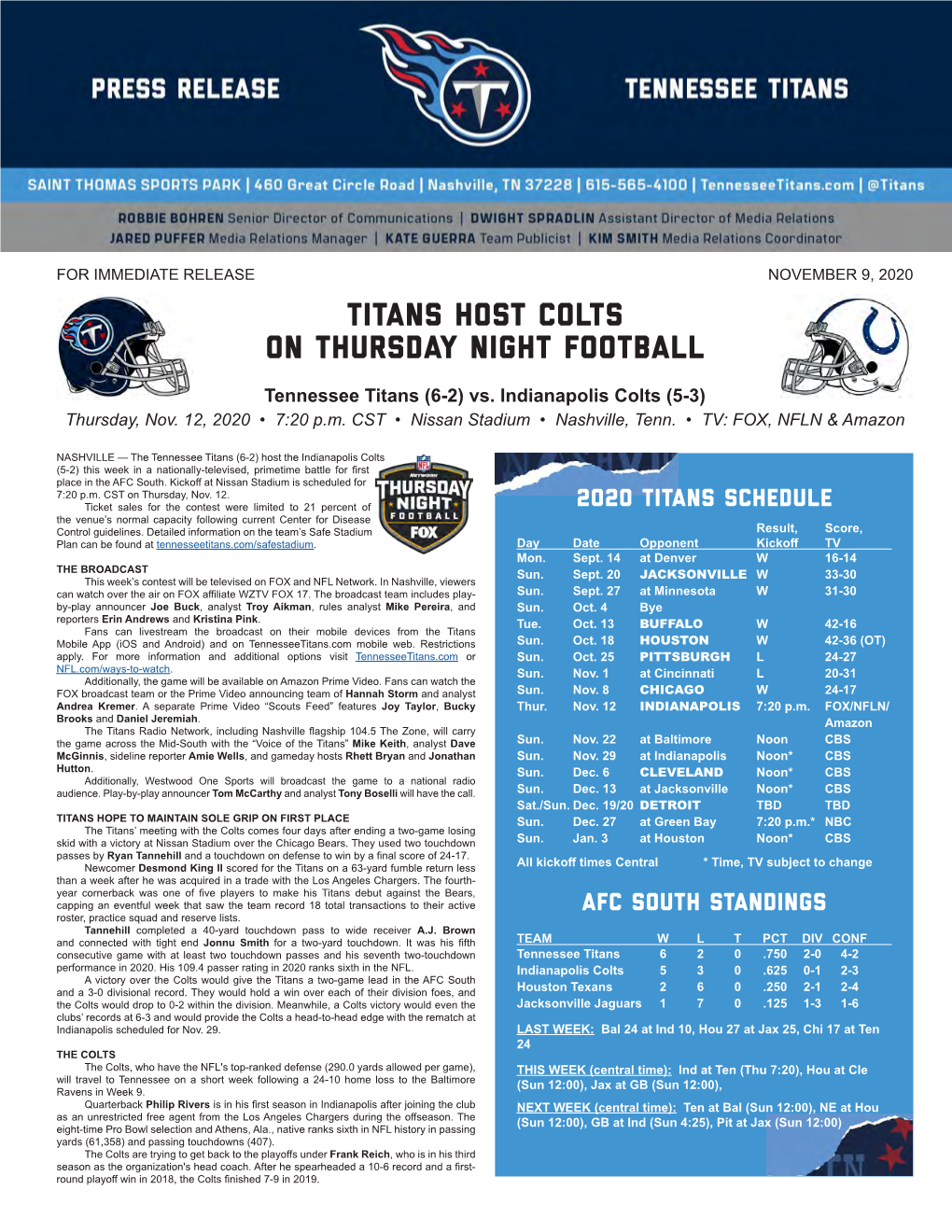 Titans Host Colts on Thursday Night Football