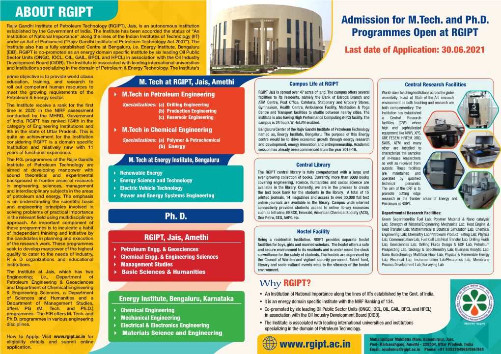 ABOUT RGIPT Admission for M.Tech