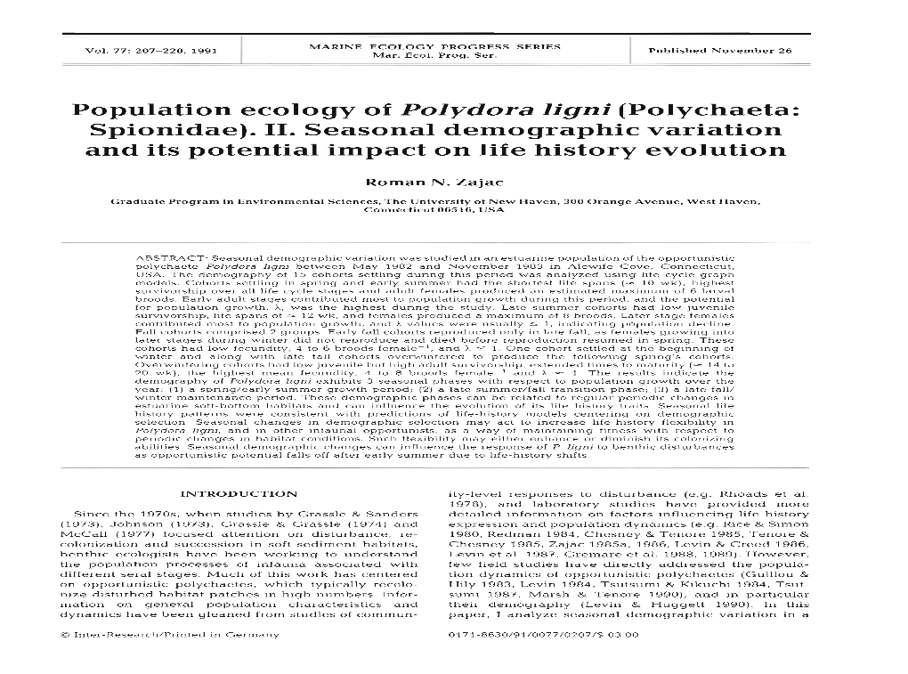 Population Ecology of Polydora Ligni (Polychaeta: Spionidae). 11