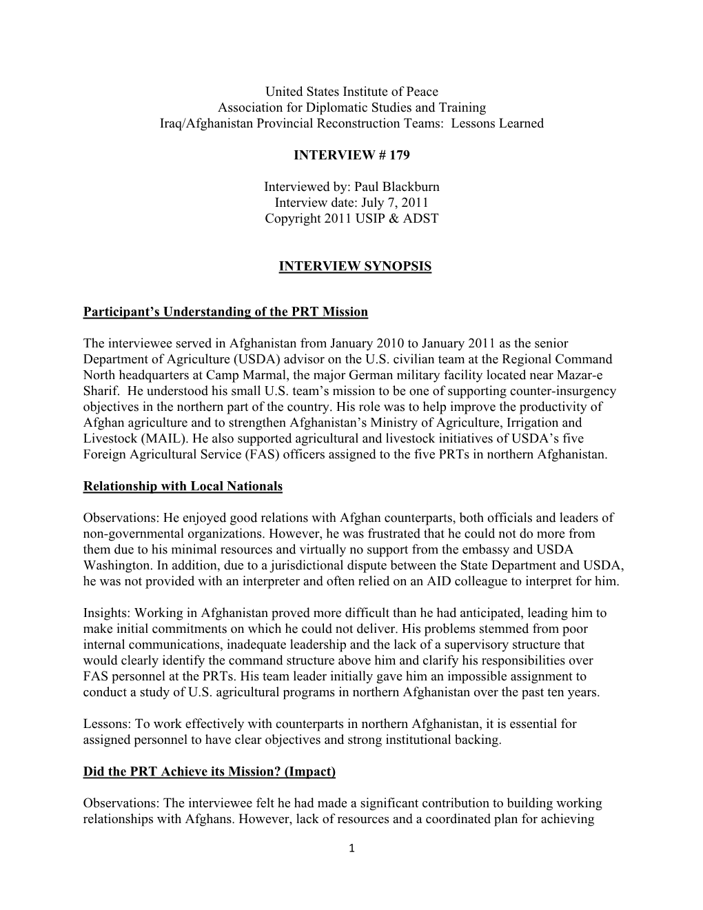 United States Institute of Peace Association for Diplomatic Studies and Training Iraq/Afghanistan Provincial Reconstruction Teams: Lessons Learned