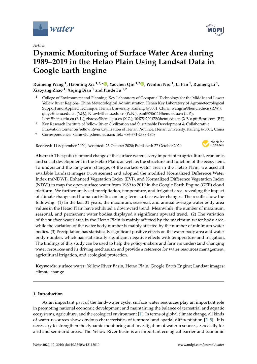 Dynamic Monitoring of Surface Water Area During 1989–2019 in the Hetao Plain Using Landsat Data in Google Earth Engine