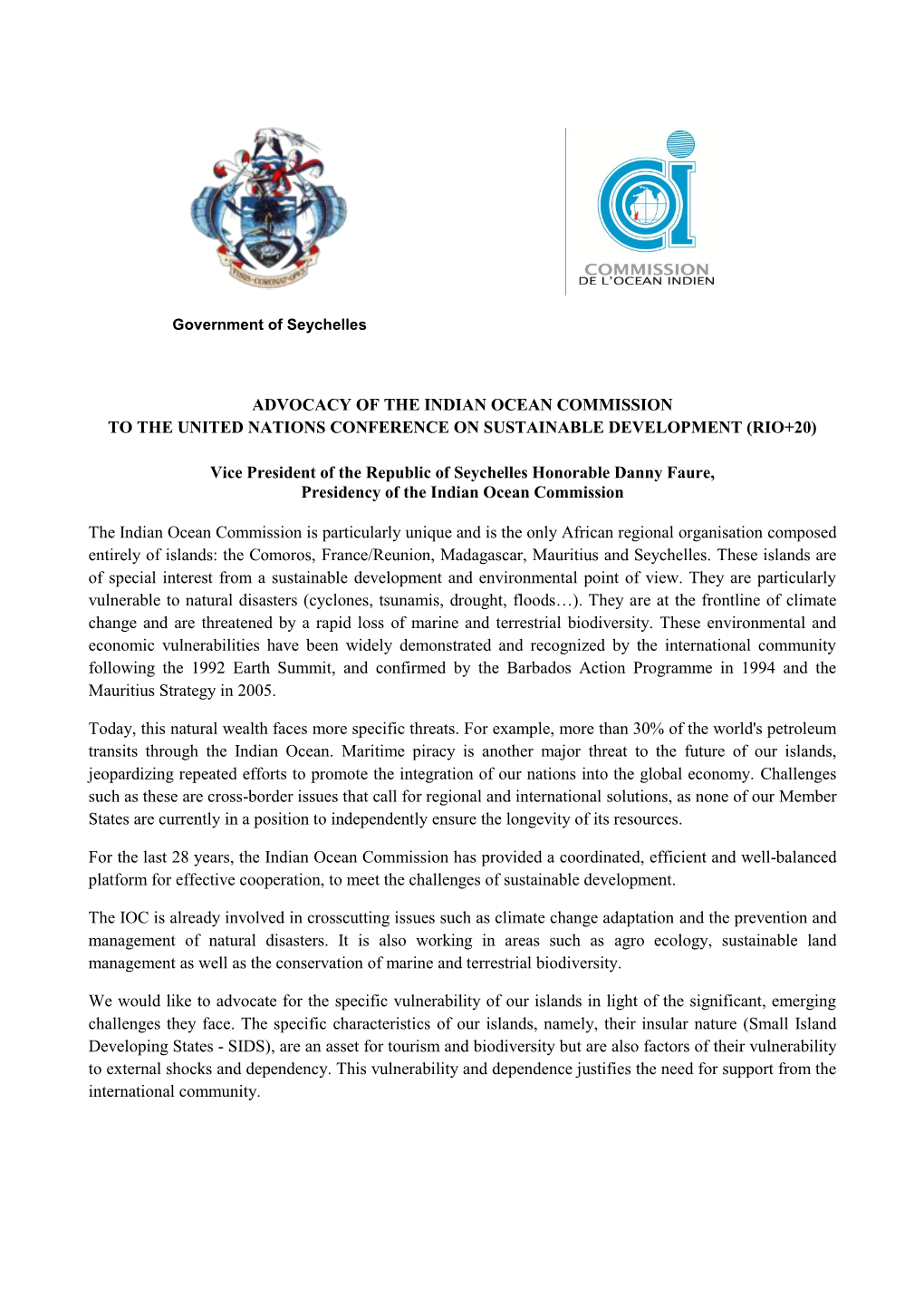 Advocacy of the Indian Ocean Commission to the United Nations Conference on Sustainable Development (Rio+20)