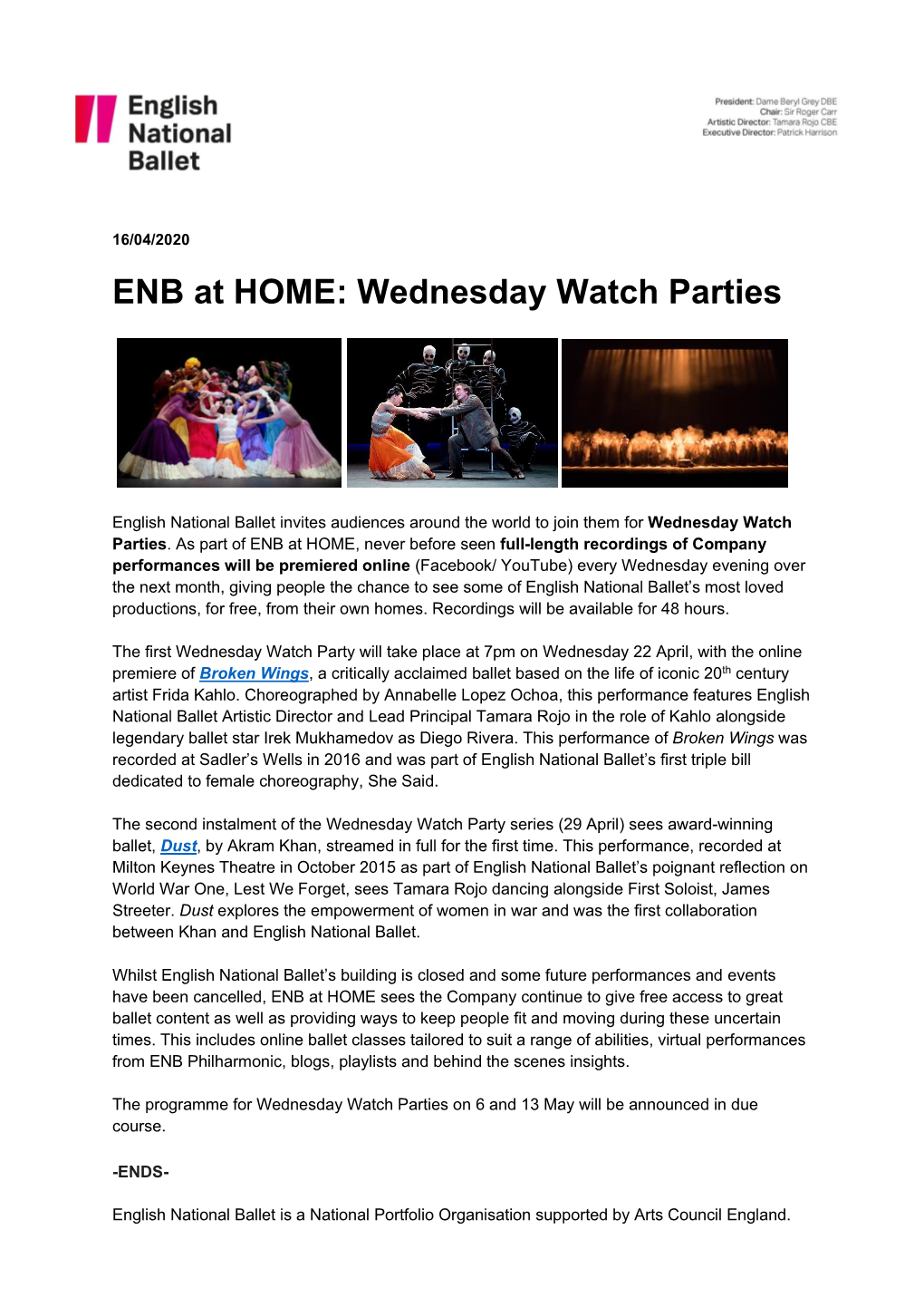 ENB at HOME: Wednesday Watch Parties