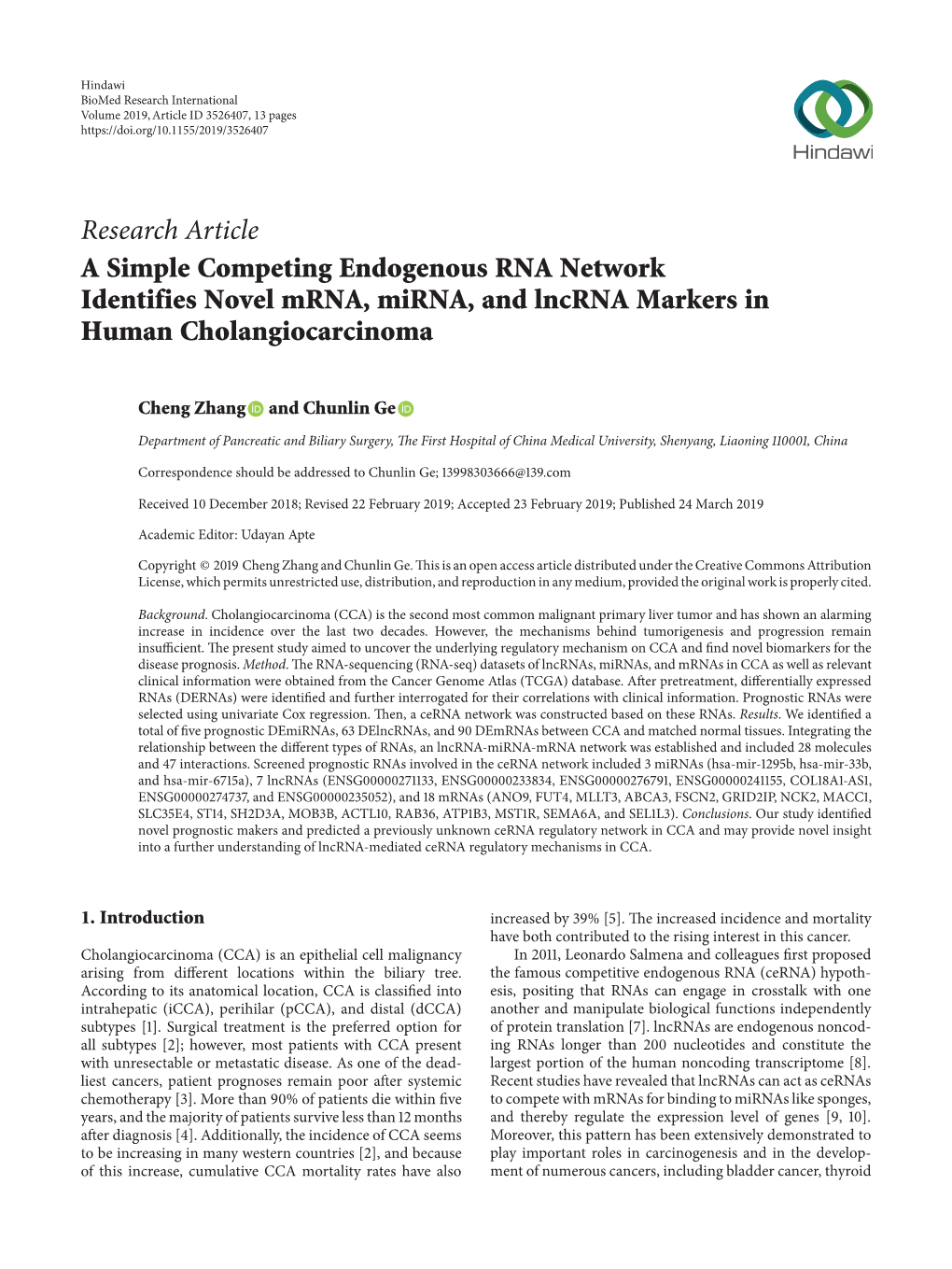 A Simple Competing Endogenous RNA Network Identifies Novel Mrna, Mirna, and Lncrna Markers in Human Cholangiocarcinoma