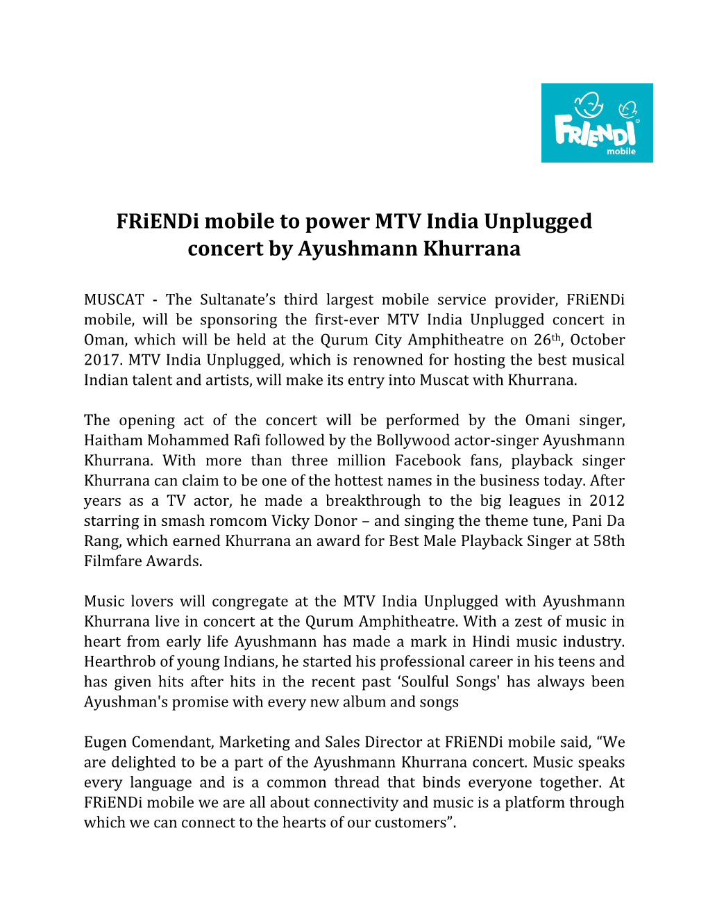 Friendi Mobile to Power MTV India Unplugged Concert by Ayushmann Khurrana