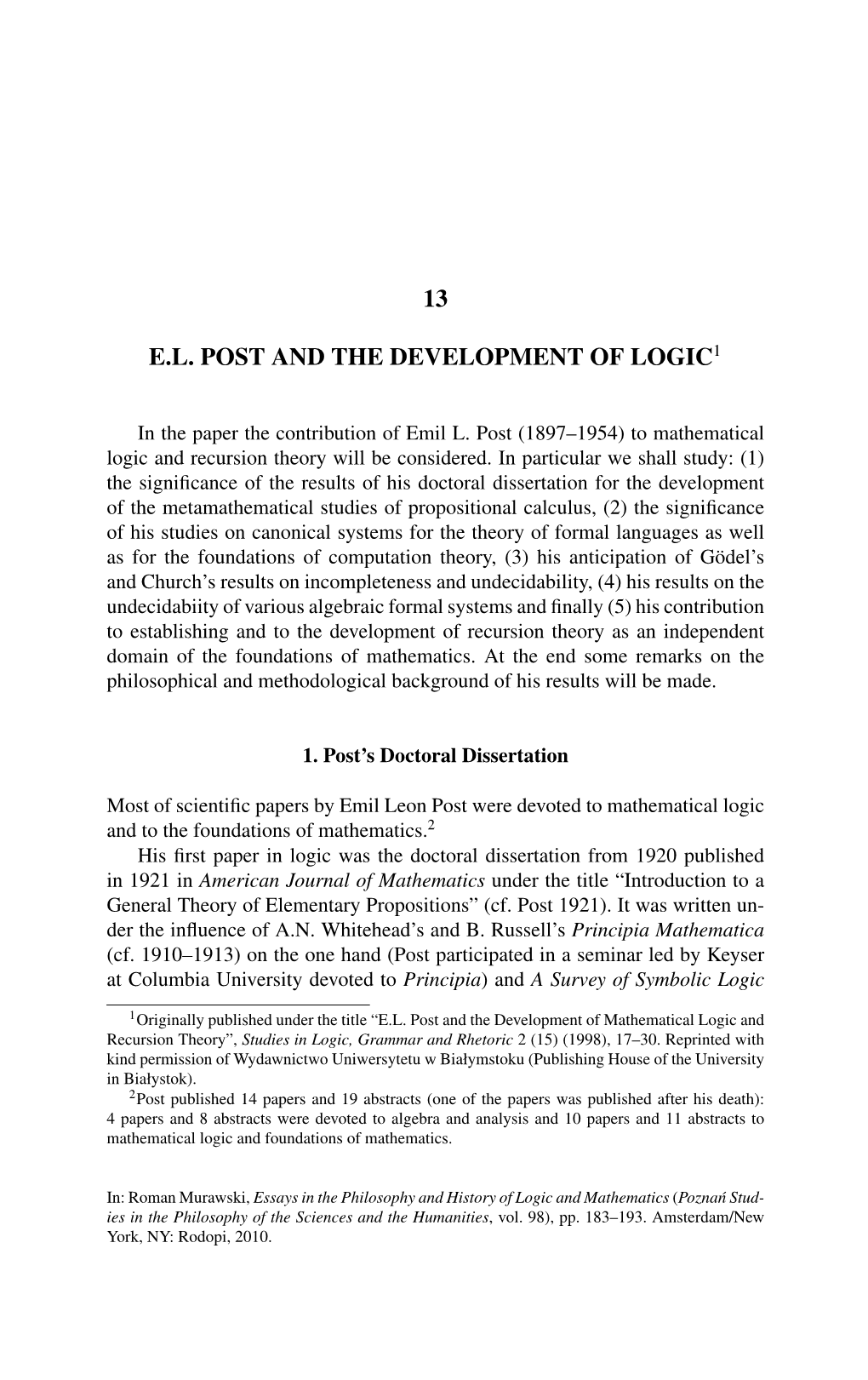 13 E.L. Post and the Development of Logic1