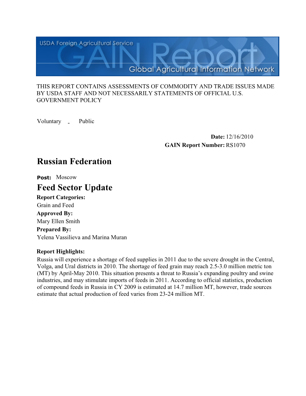 Feed Sector Update Russian Federation
