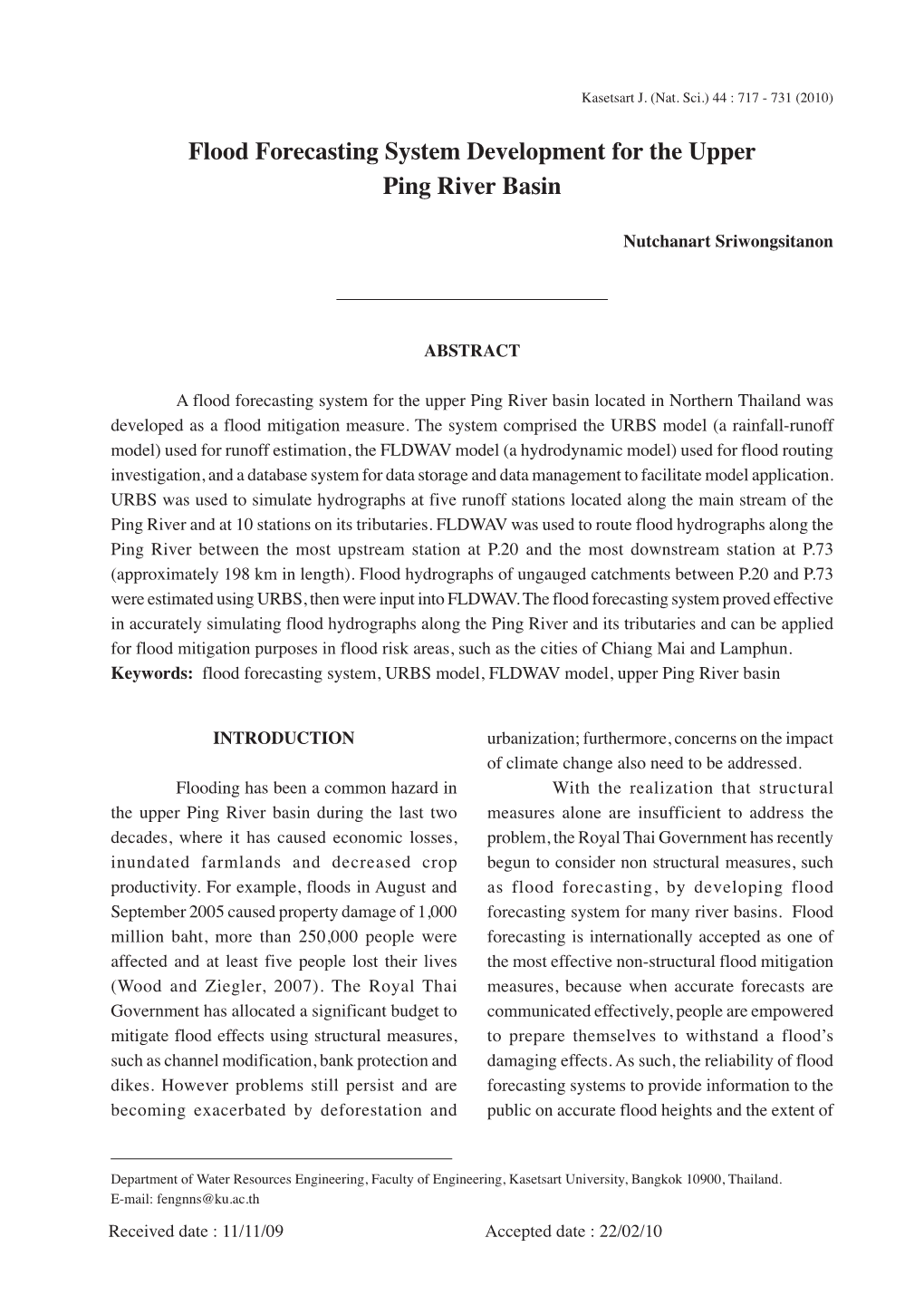 Flood Forecasting System Development for the Upper Ping River Basin