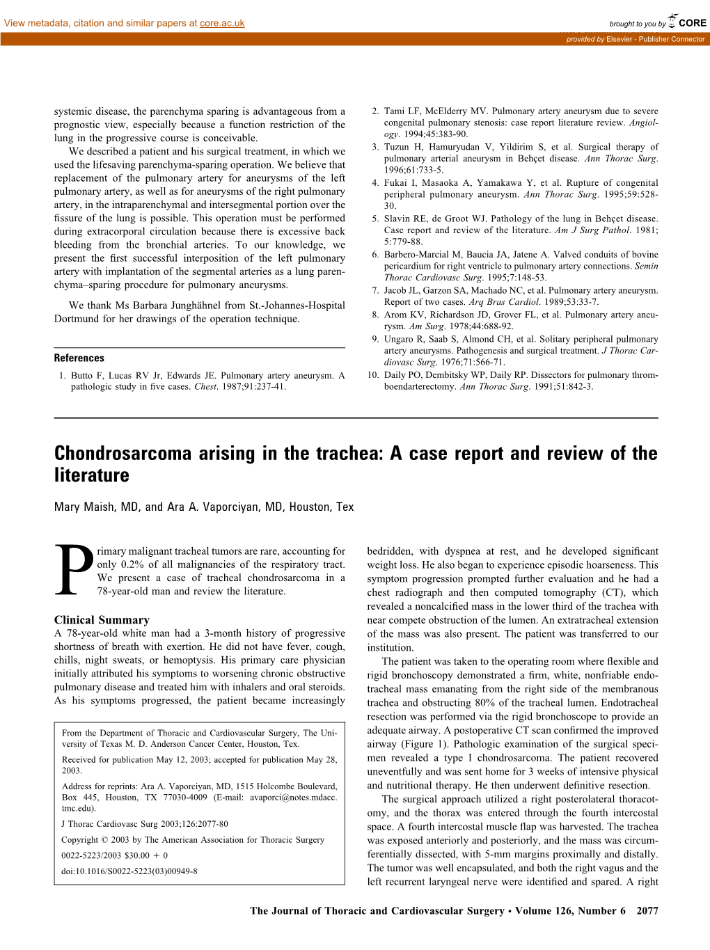 Chondrosarcoma Arising in the Trachea: a Case Report and Review of the Literature