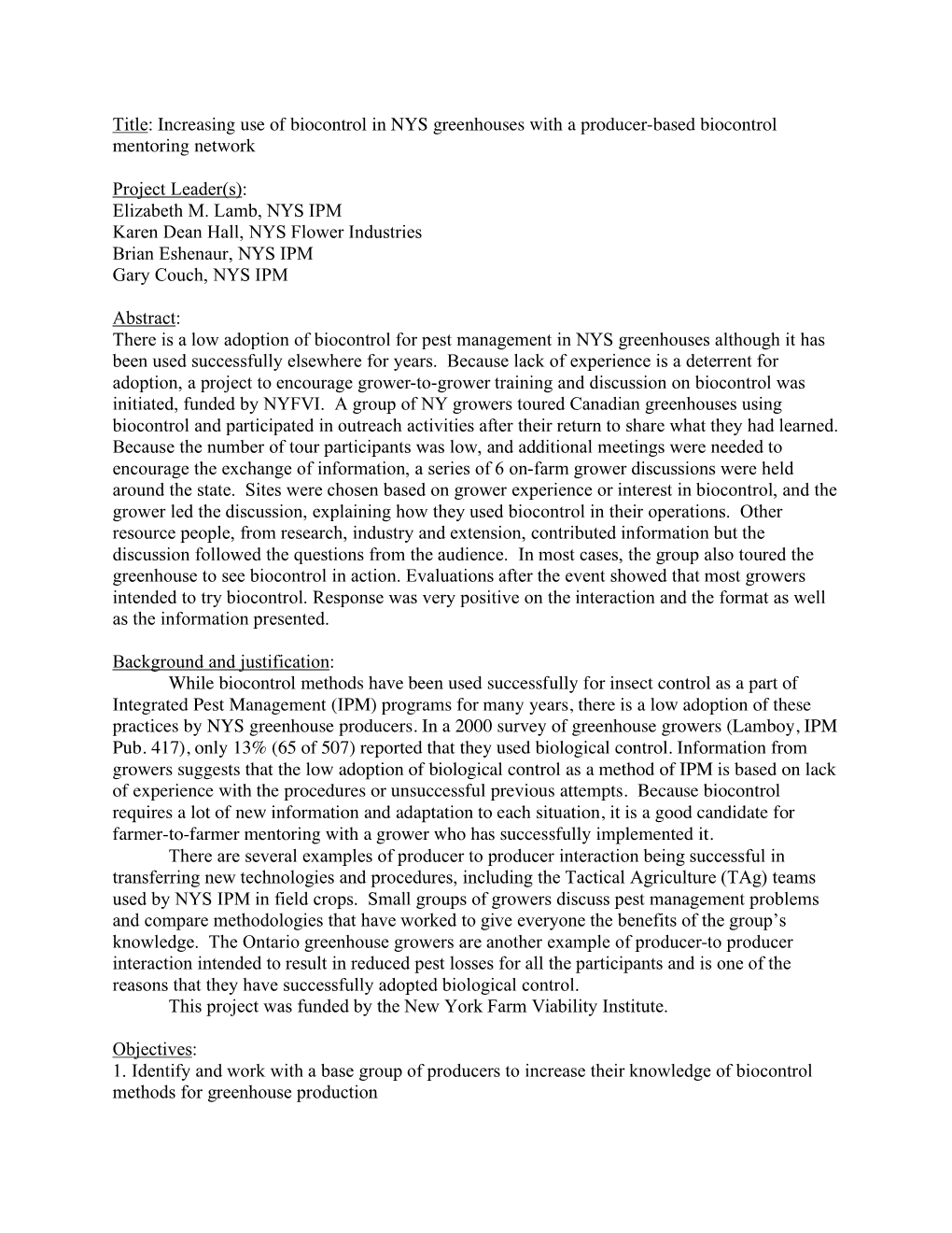 Increasing Use of Biocontrol in NYS Greenhouses with a Producer-Based Biocontrol Mentoring Network