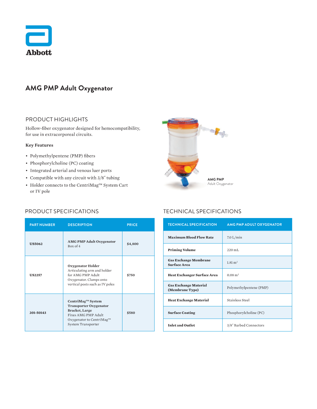 AMG PMP Adult Oxygenator Product Highlights, Product Specifications and Product List