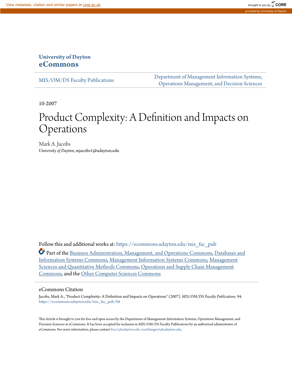 Product Complexity: a Definition and Impacts on Operations Mark A