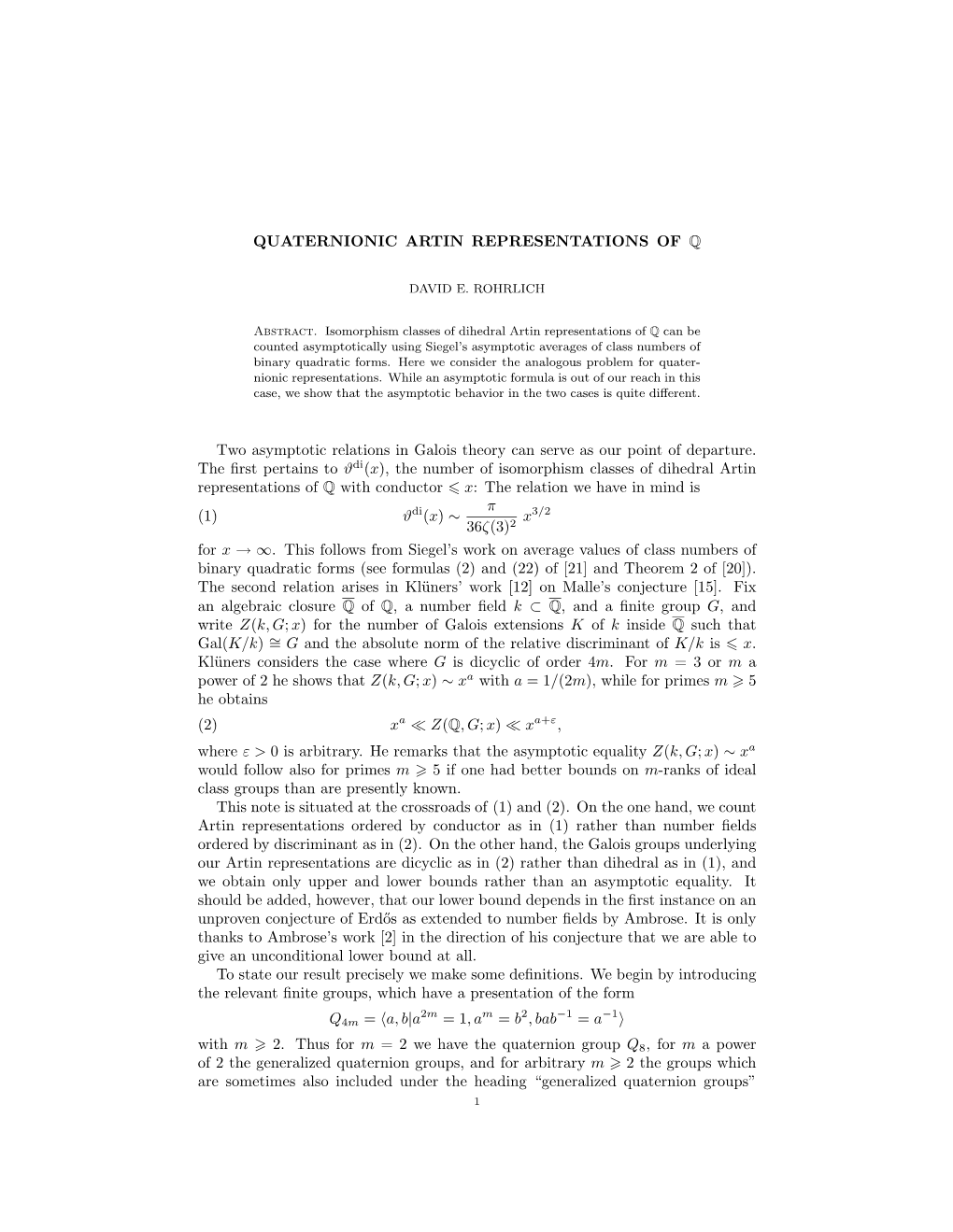 Quaternionic Artin Representations of Q