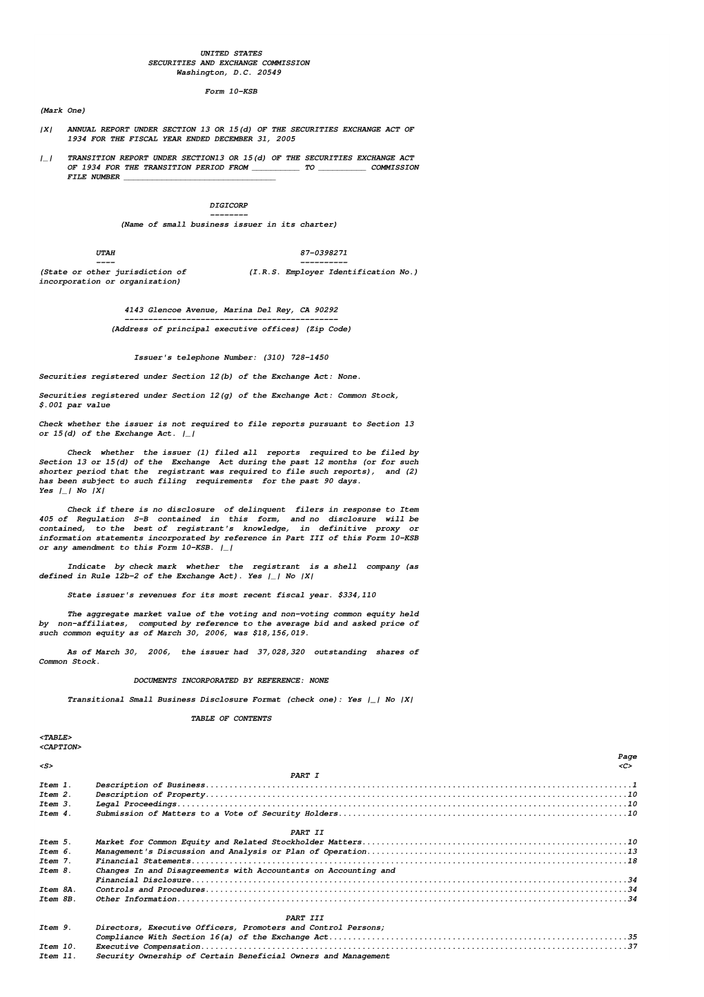 ANNUAL REPORT UNDER SECTION 13 OR 15(D) of the SECURITIES EXCHANGE ACT of 1934 for the FISCAL YEAR ENDED DECEMBER 31, 2005