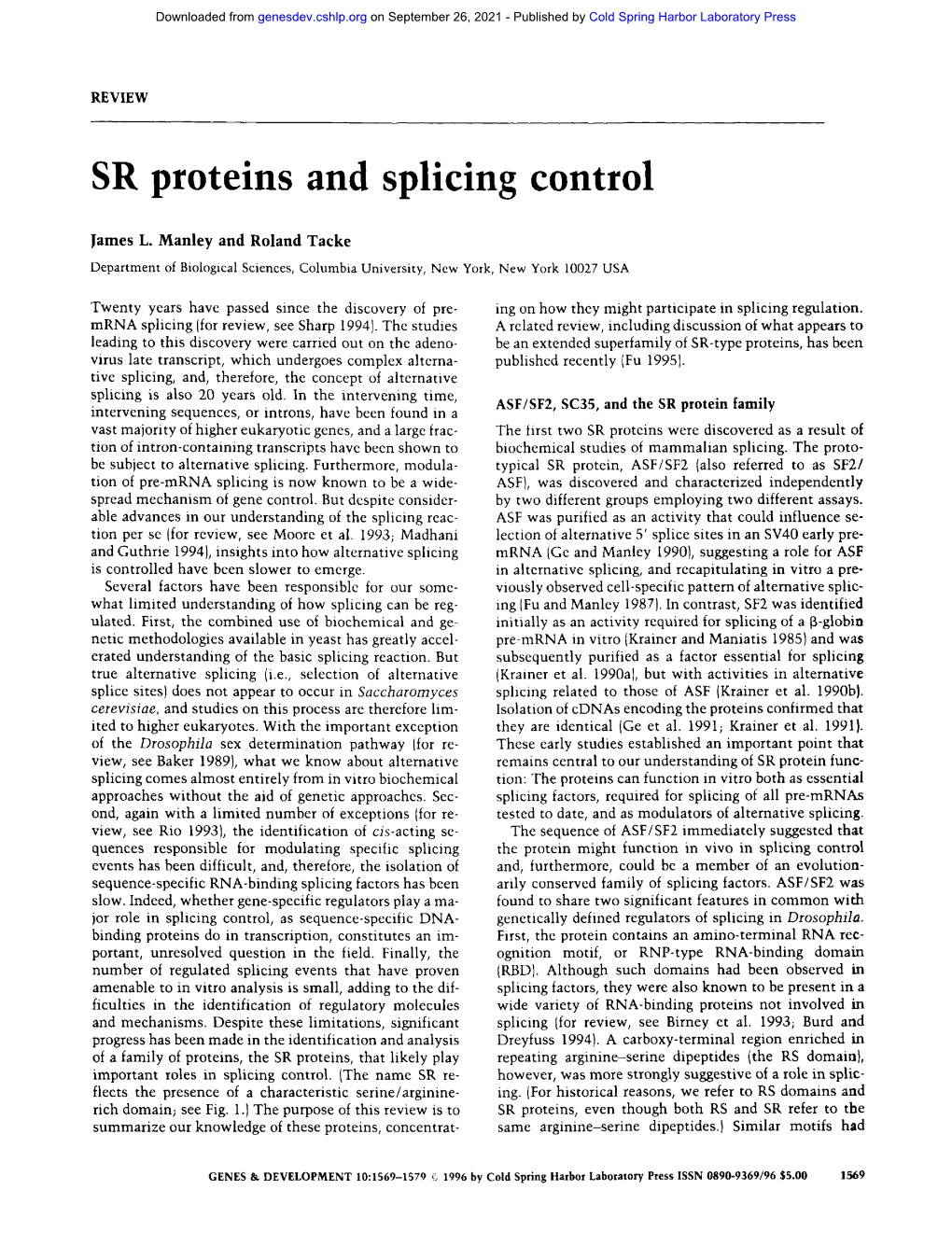SR Proteins and Splicing Control