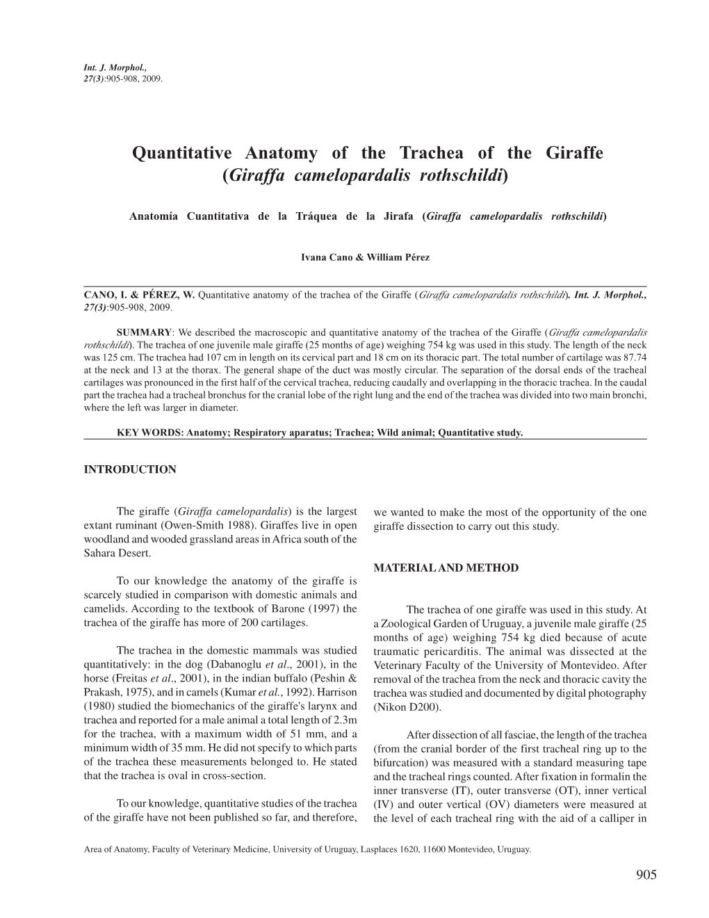 Quantitative Anatomy of the Trachea of the Giraffe (Giraffa Camelopardalis Rothschildi)