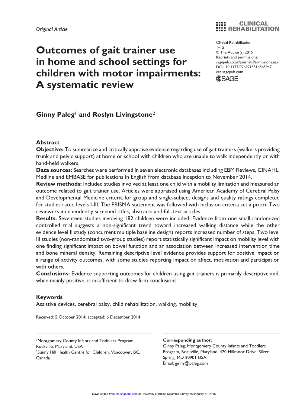 Outcomes of Gait Trainer Use in Home and School Settings for Children With