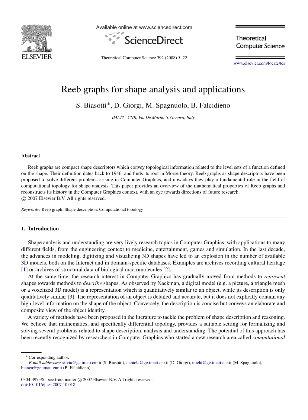 Reeb Graphs for Shape Analysis and Applications