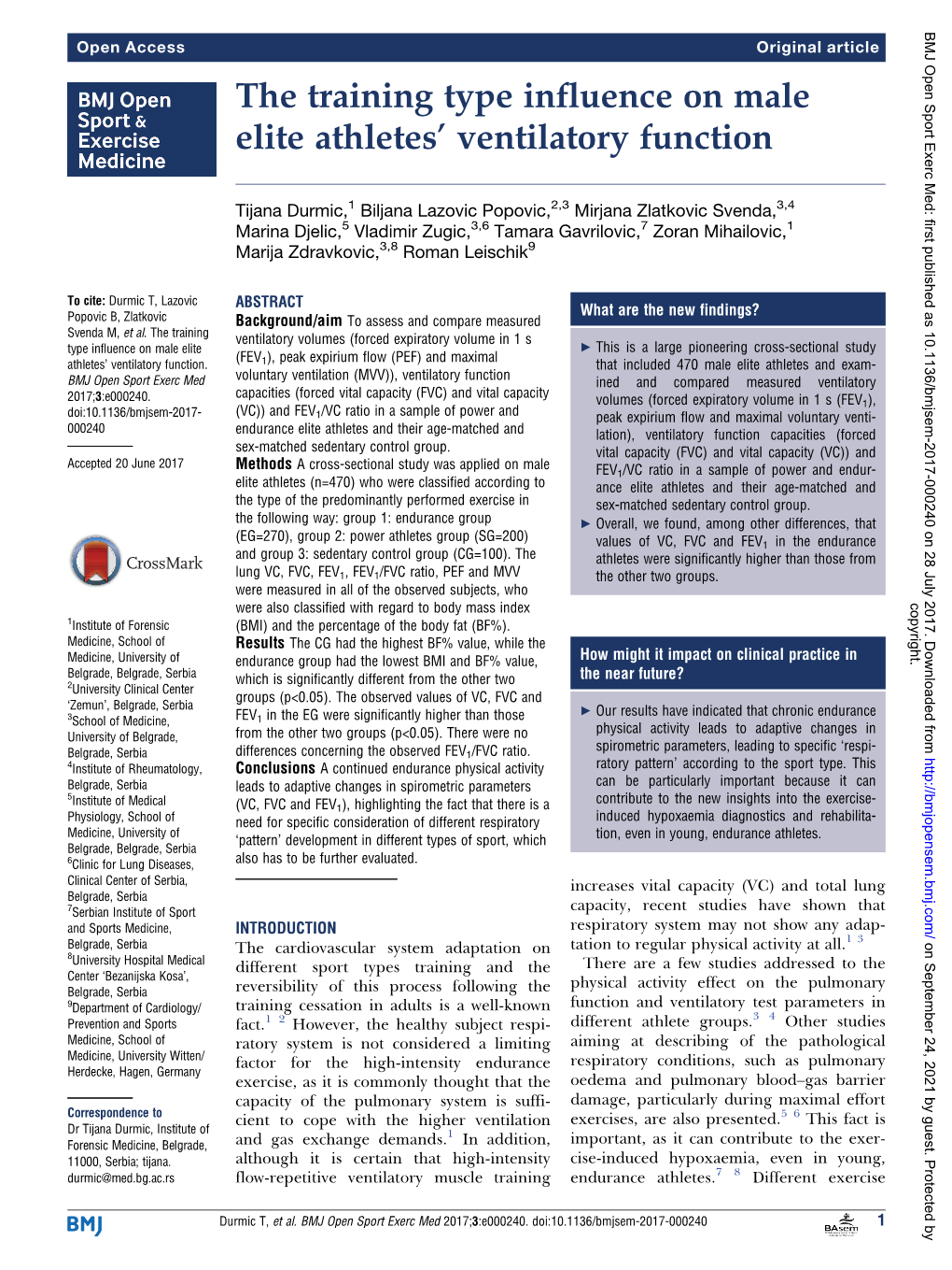 The Training Type Influence on Male Elite Athletes' Ventilatory Function