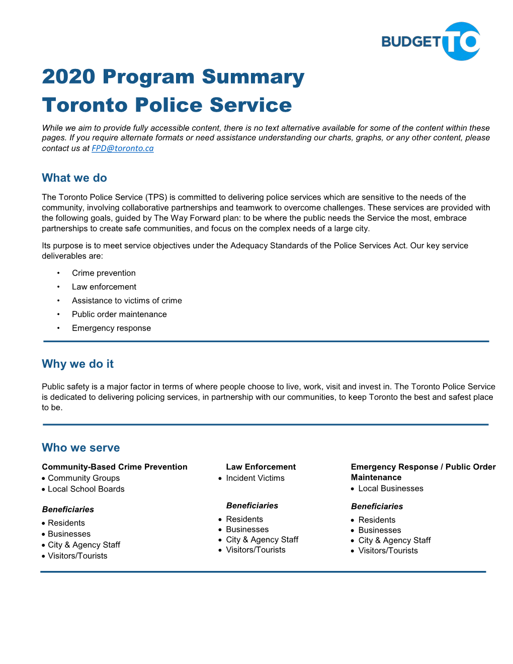 Budget & 2020 - 2029 Capital Plan Toronto Police Service Budget at a Glance