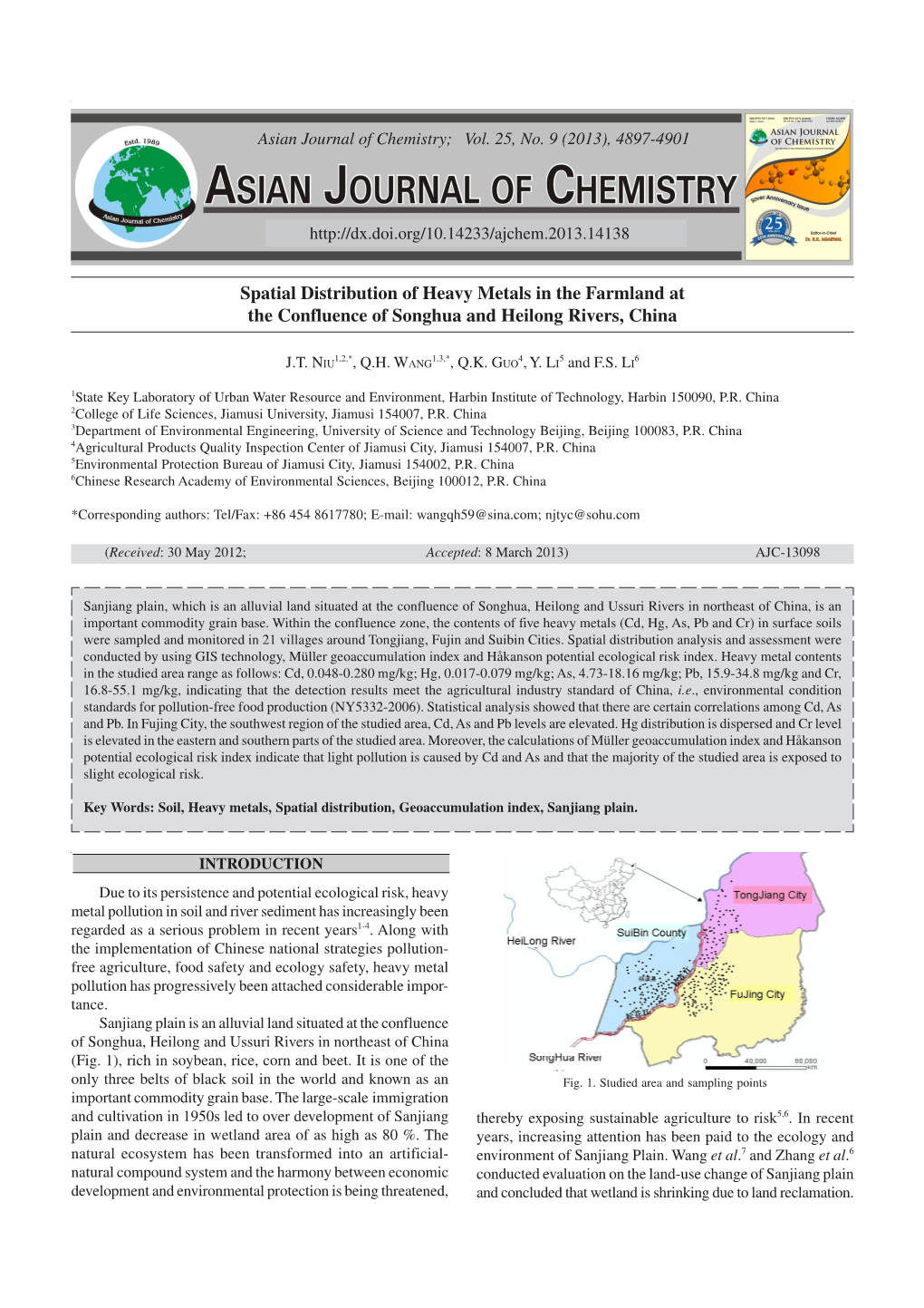 Spatial Distribution of Heavy Metals in the Farmland at the Confluence of Songhua and Heilong Rivers, China