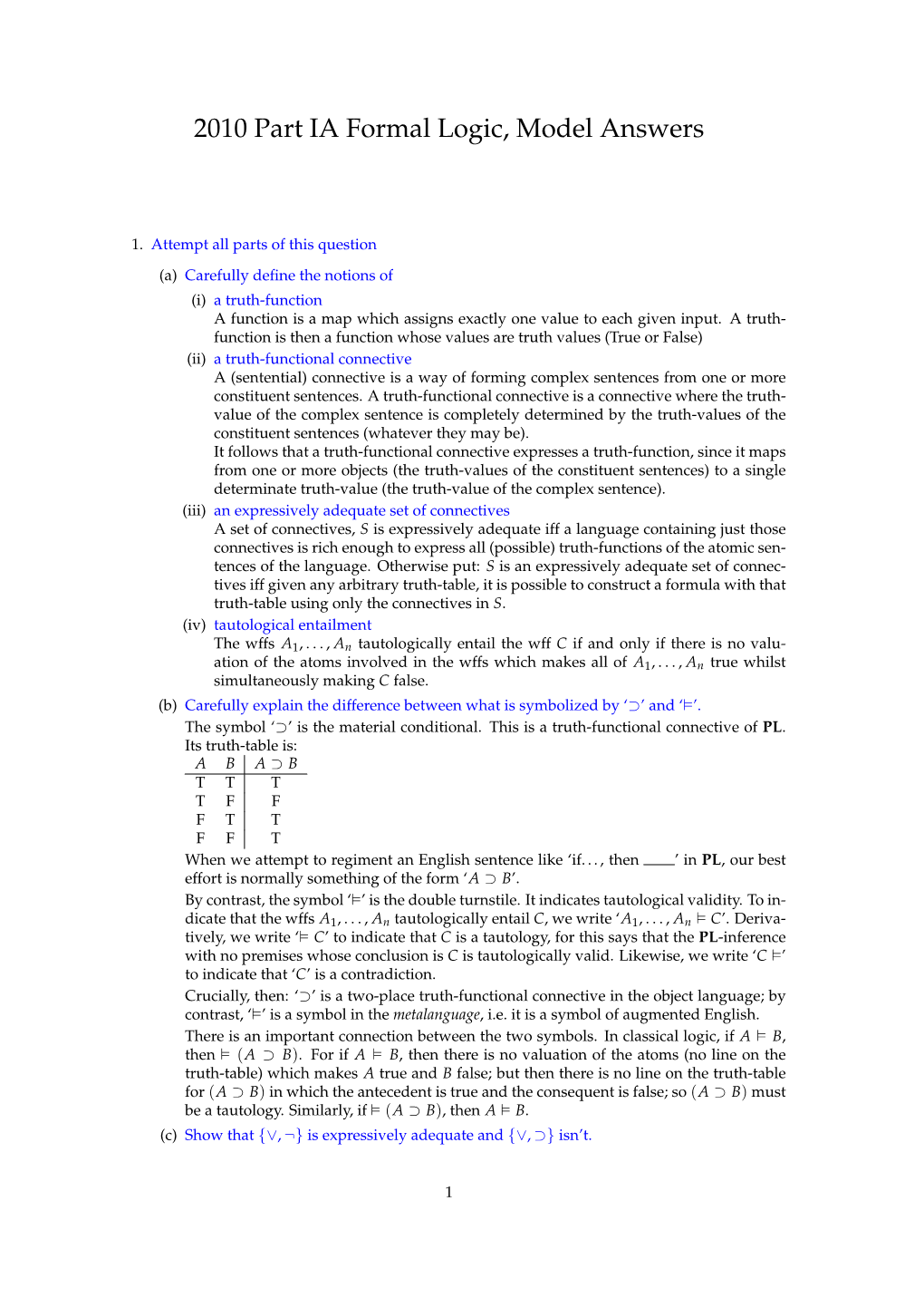 2010 Part IA Formal Logic, Model Answers