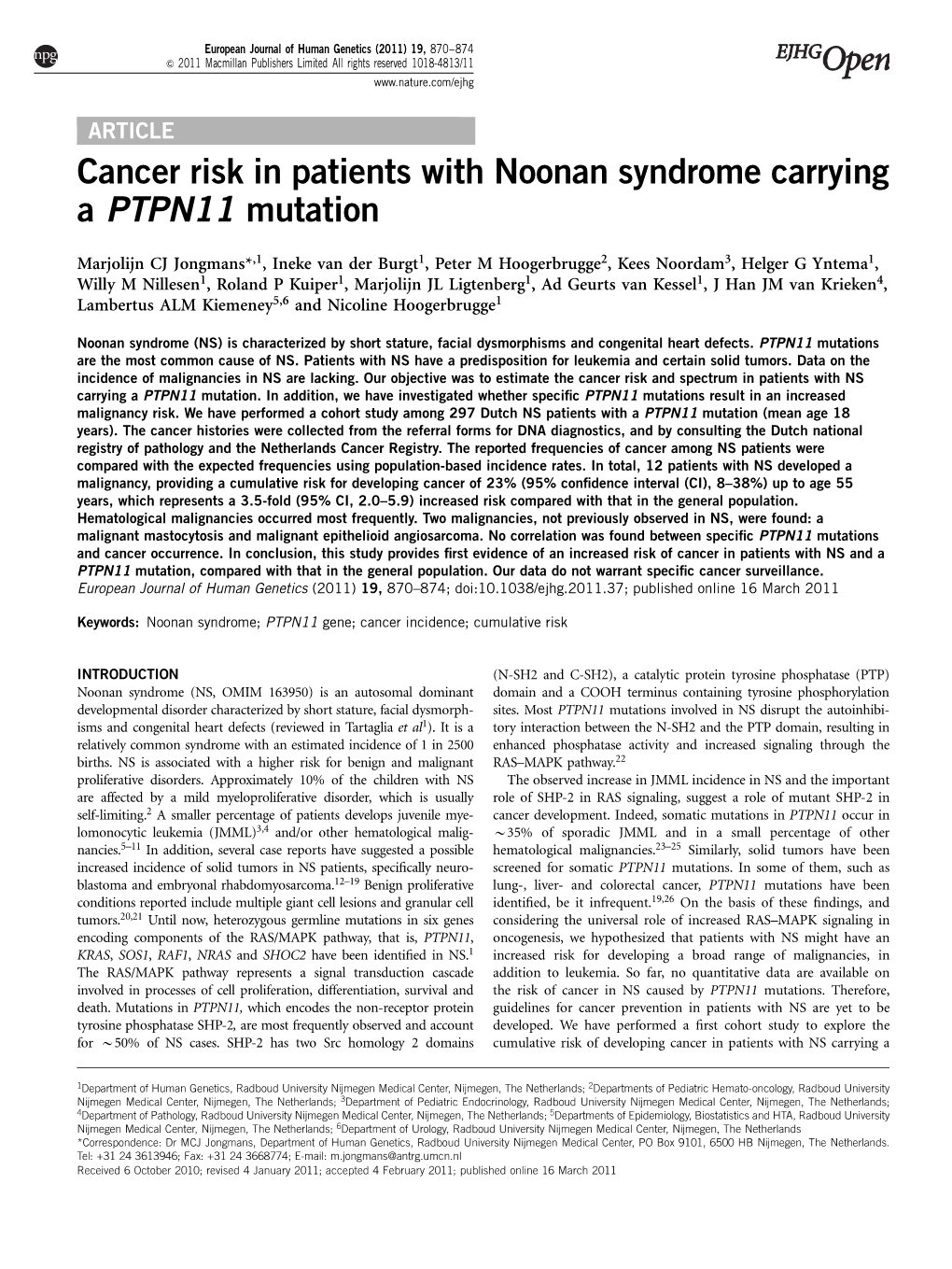 Cancer Risk in Patients with Noonan Syndrome Carrying a PTPN11 Mutation