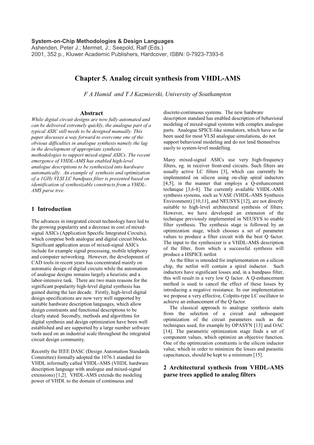 Chapter 5. Analog Circuit Synthesis from VHDL-AMS