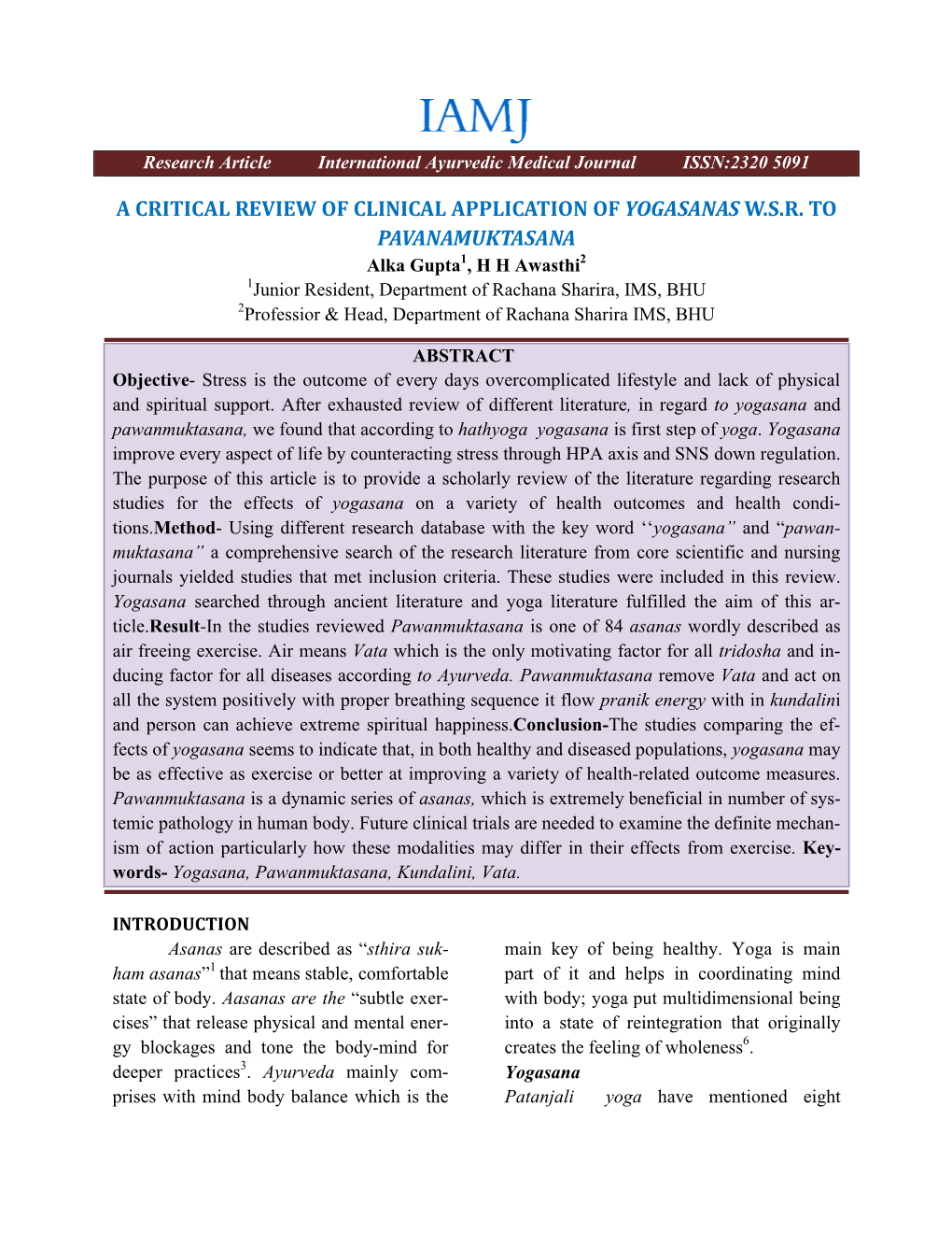 A Critical Review of Clinical Application of Yogasanas W.S.R