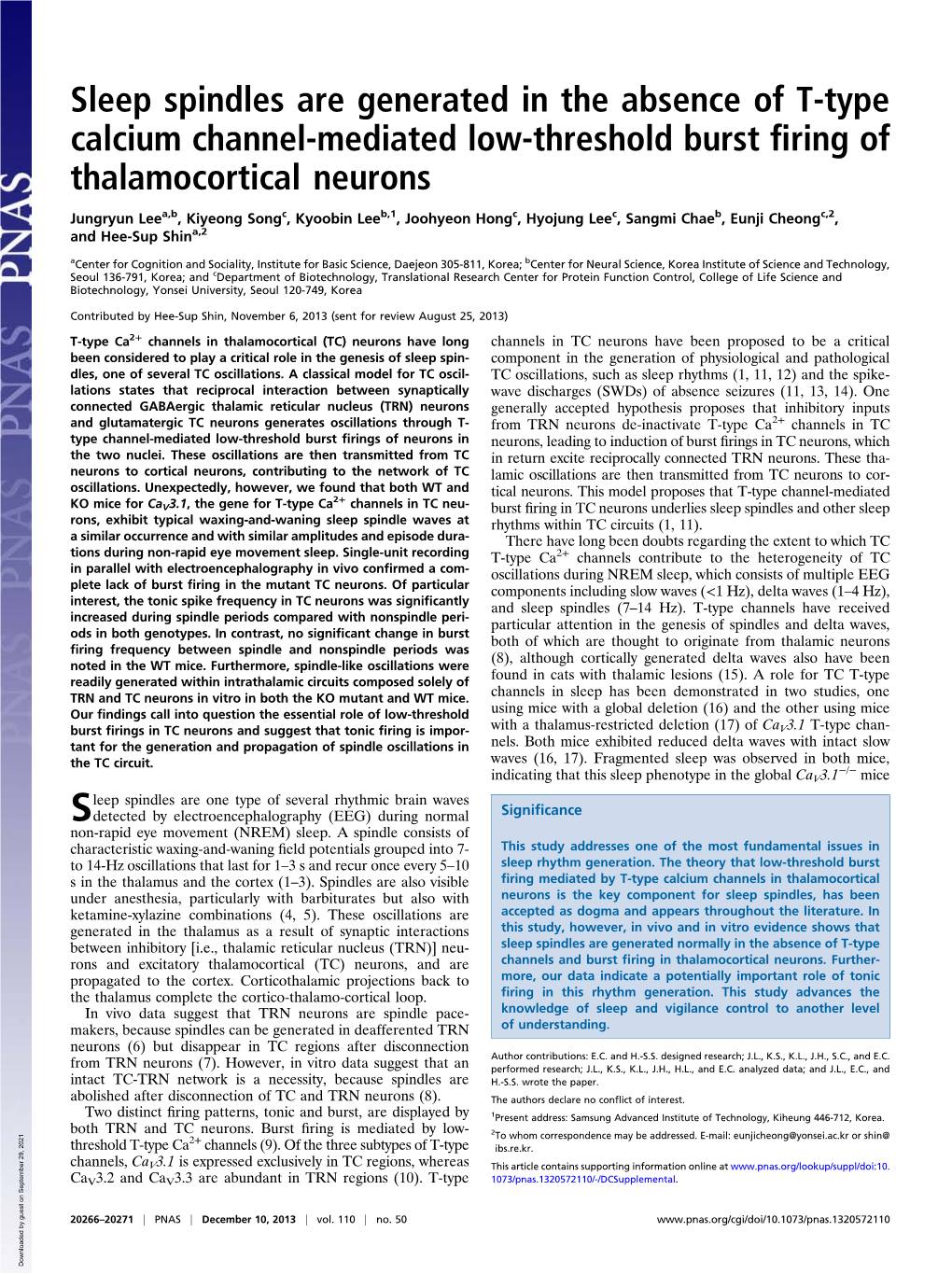 Sleep Spindles Are Generated in the Absence of T-Type Calcium Channel-Mediated Low-Threshold Burst ﬁring of Thalamocortical Neurons