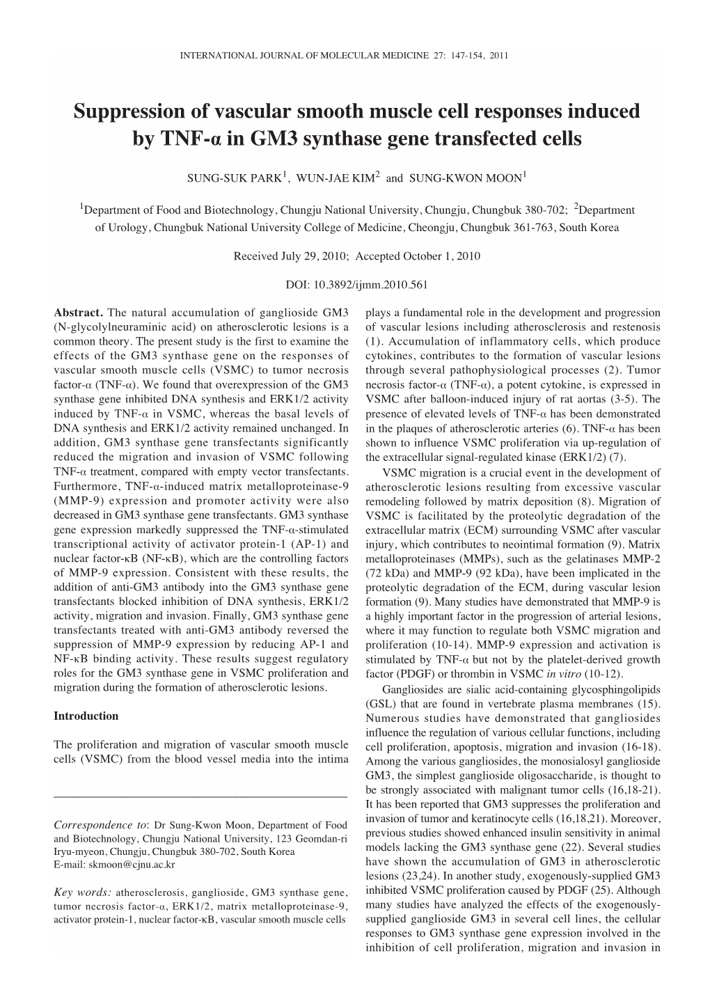 Suppression of Vascular Smooth Muscle Cell Responses Induced by TNF-· in GM3 Synthase Gene Transfected Cells