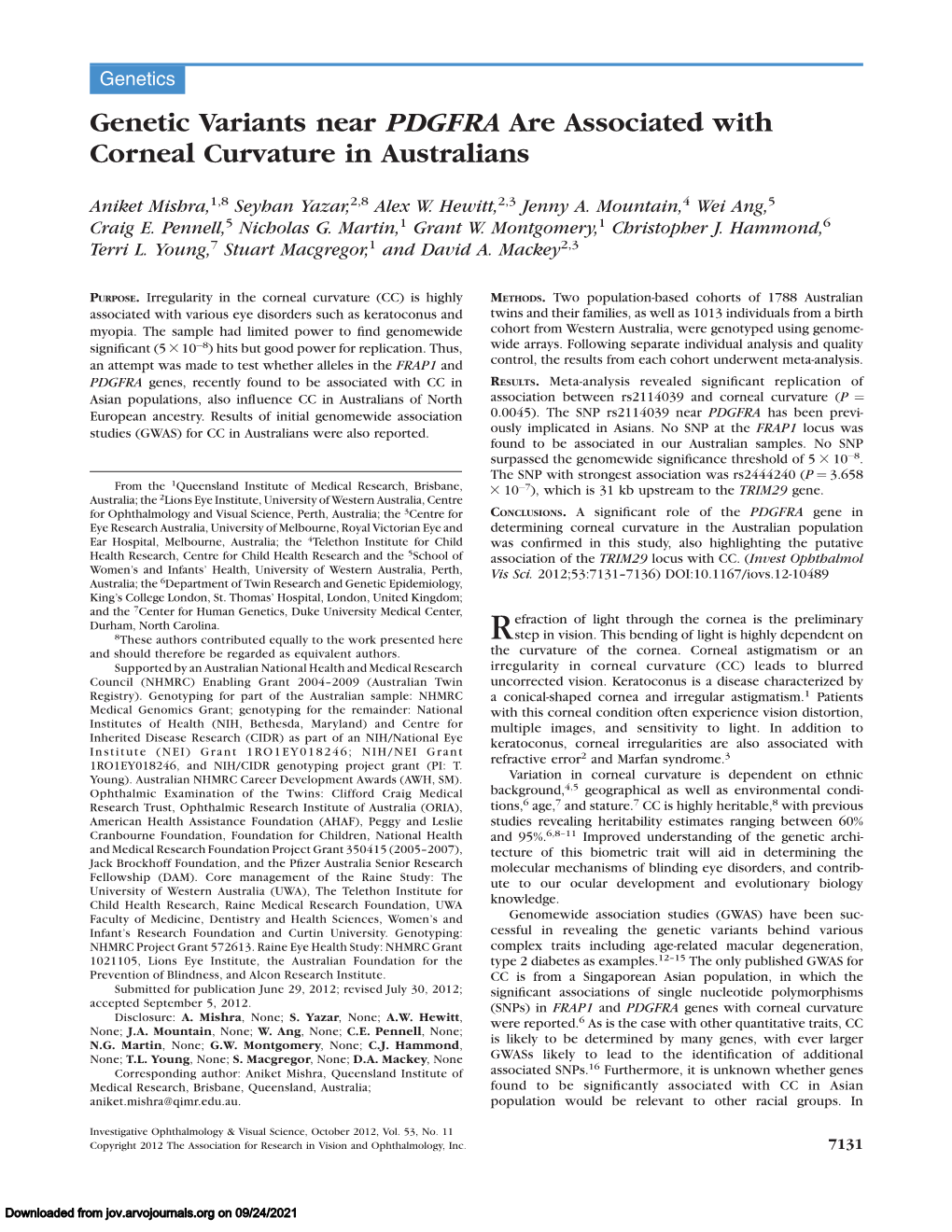 Genetic Variants Near PDGFRA Are Associated with Corneal Curvature in Australians