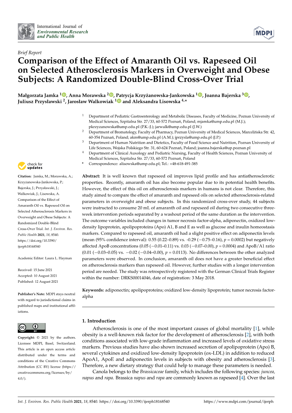 Comparison of the Effect of Amaranth Oil Vs. Rapeseed Oil On