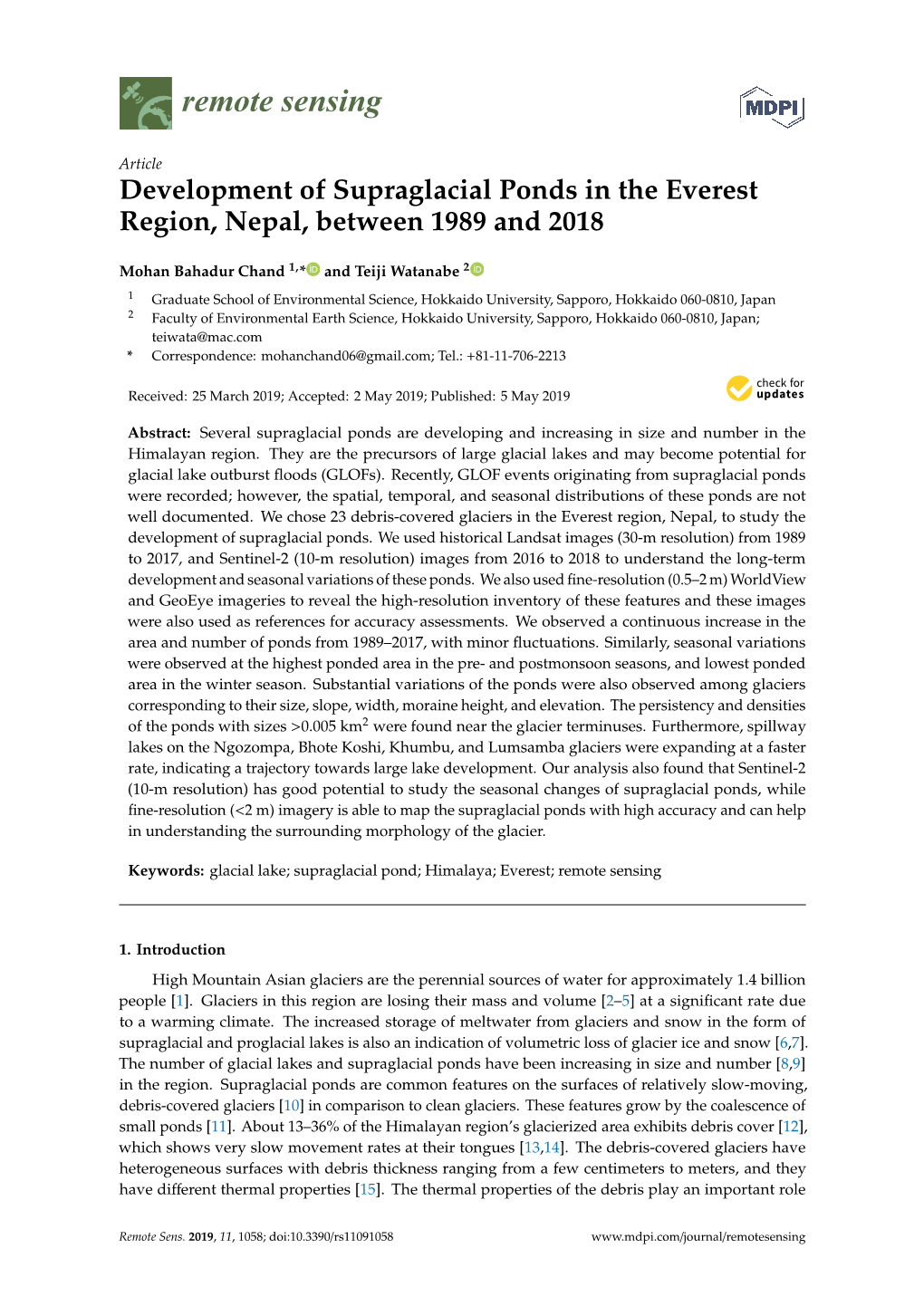 Development of Supraglacial Ponds in the Everest Region, Nepal, Between 1989 and 2018