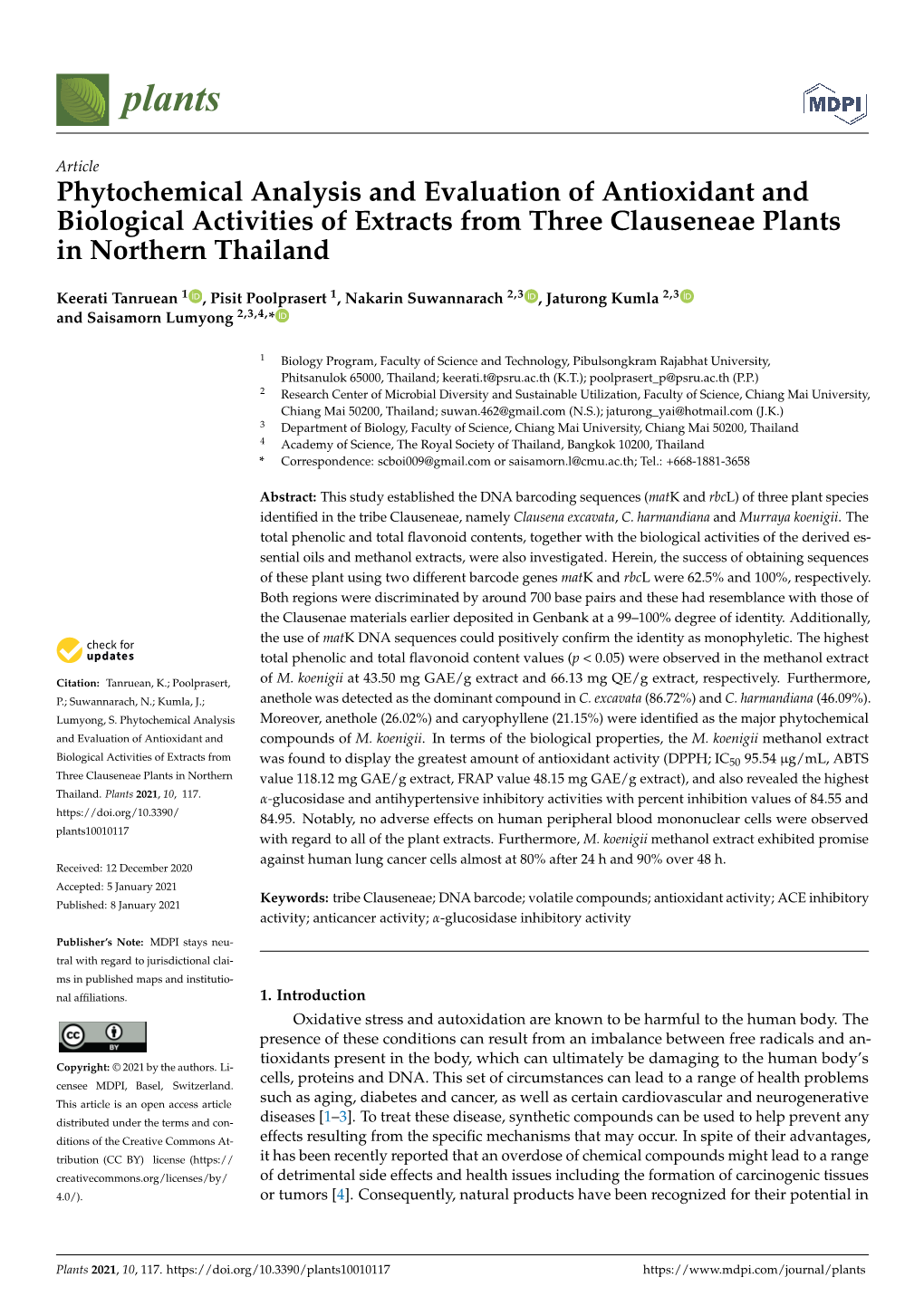 Phytochemical Analysis and Evaluation of Antioxidant and Biological Activities of Extracts from Three Clauseneae Plants in Northern Thailand